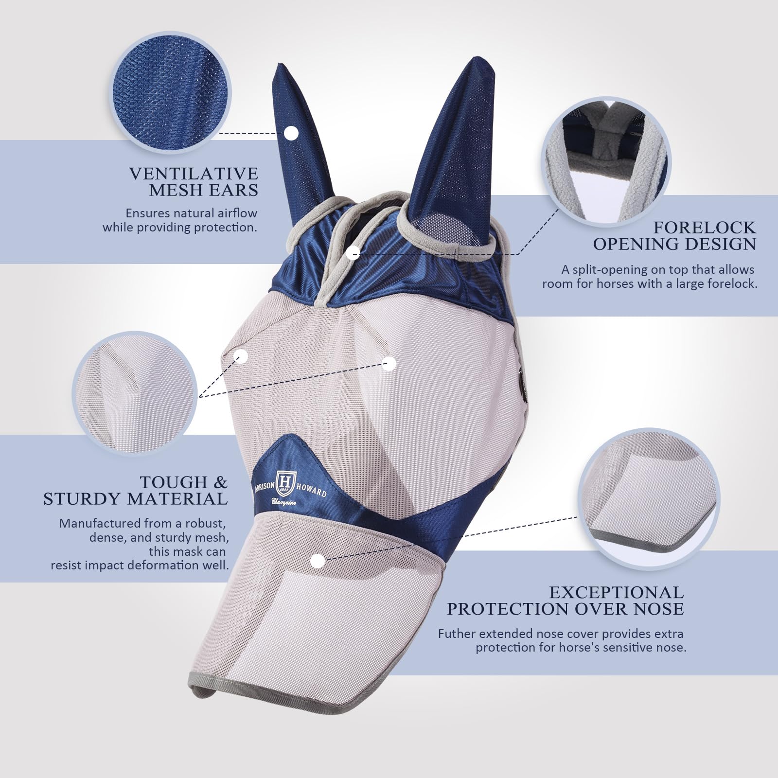 Harrison Howard Full Face Horse Fly Mask UV Protection and Breathable for Equine Use Comfortable Navy XS