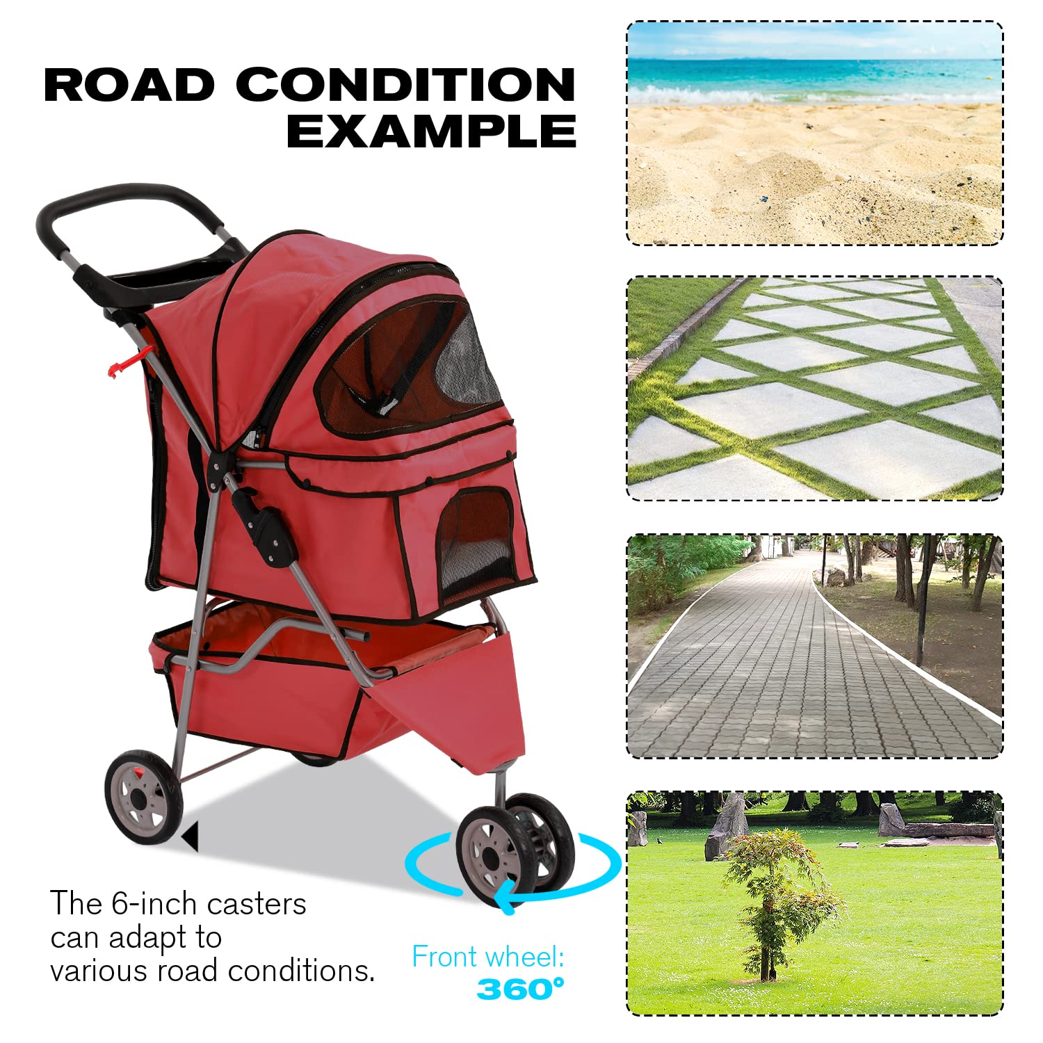 Hcy Folding Dog Stroller, 3 Wheels Cat Strollers Pet Gear For Small Medium Cats Dogs Puppy With Storage Basket, Cup Holder,Lightweight-Red, 35.04 Inch X17.32 Inch X38.58 Inch