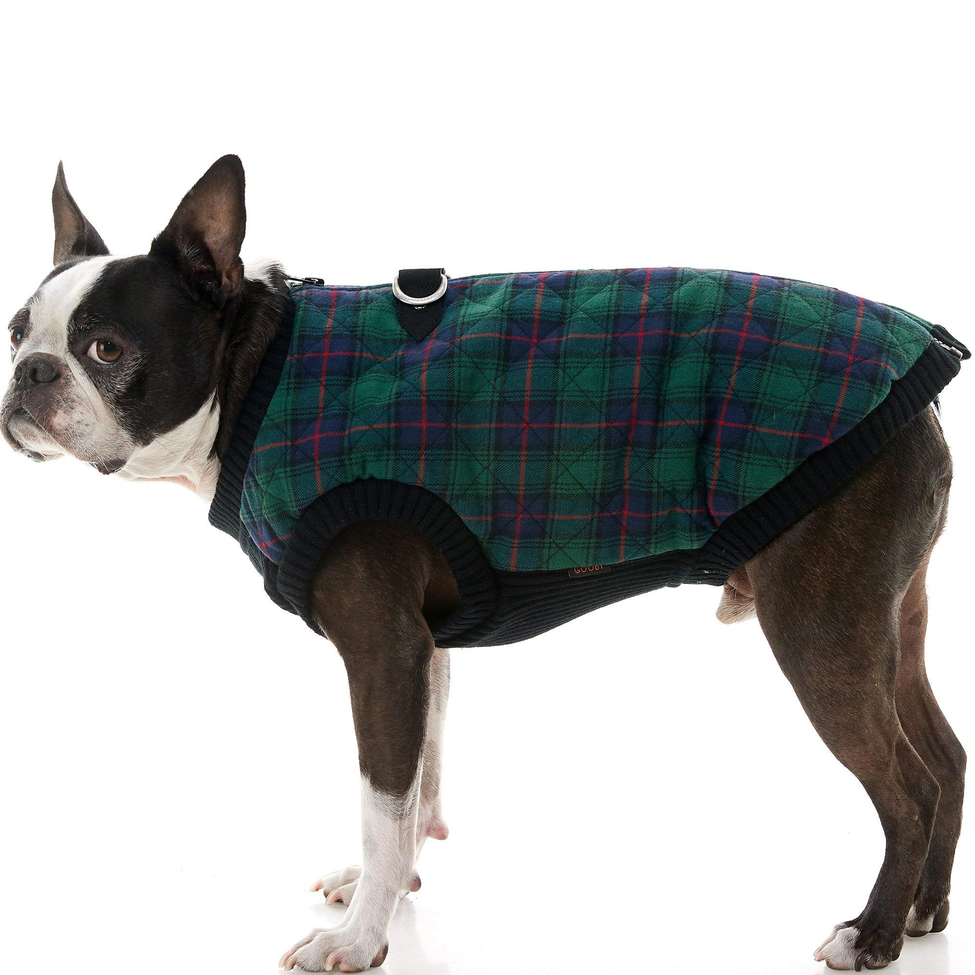 Gooby Fashion Vest Check Dog Jacket - Green Check, Small - Warm Zip Up Dog Bomber Vest With Dual D Ring Leash - Winter Water Resistant Small Dog Sweater - Dog Clothes For Small Dogs Boy Or Medium Dogs
