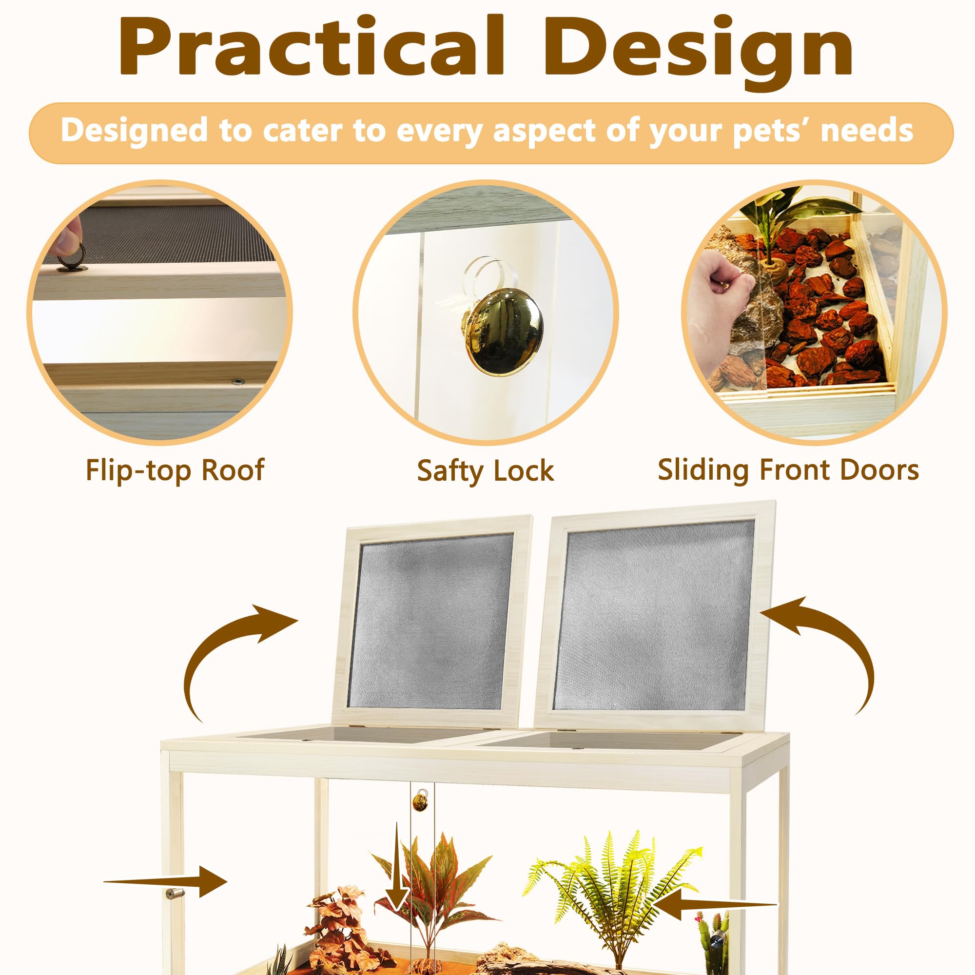 Prolee Reptile Terrarium Tank Up to 78 Gallon, Lizard Tank Bearded Dragon Tank with Metal Mesh Roof Door, Snake Tank with Lock D
