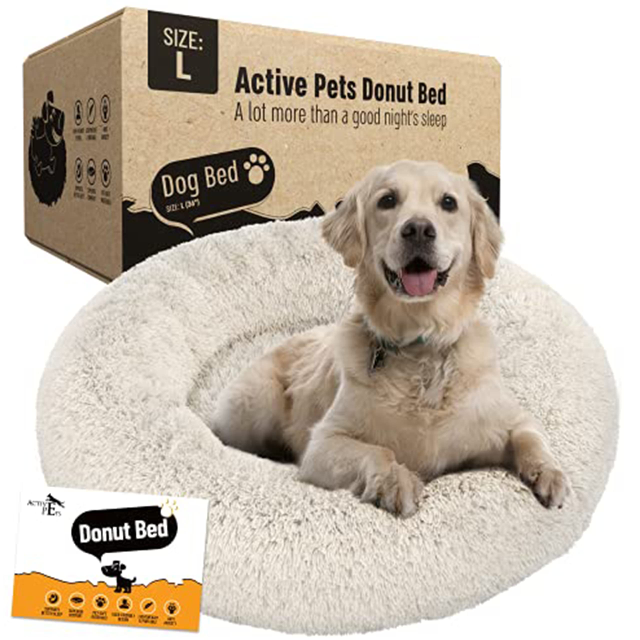 Active Pets Calming Plush Dog Bed Donut Joint Support Anxiety Relief Washable Pet Bed With Removable Cover For Dogs Cats, Large 