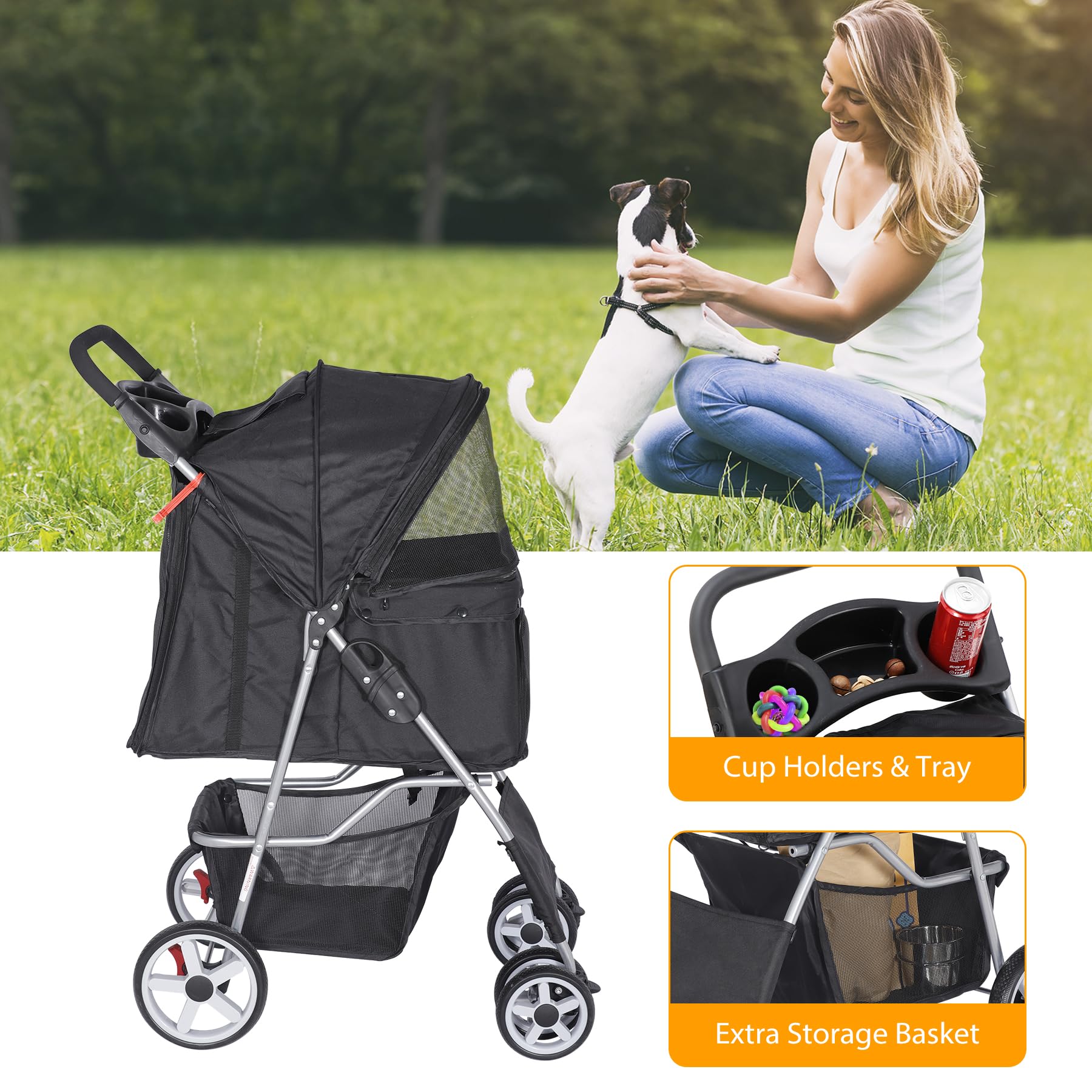 Epetlover Pet Stroller For Dogs, Black 4 Wheels Cat Strolling Cart Foldable Travel Carrier, Waterproof Puppy Jogger Stroller Wit