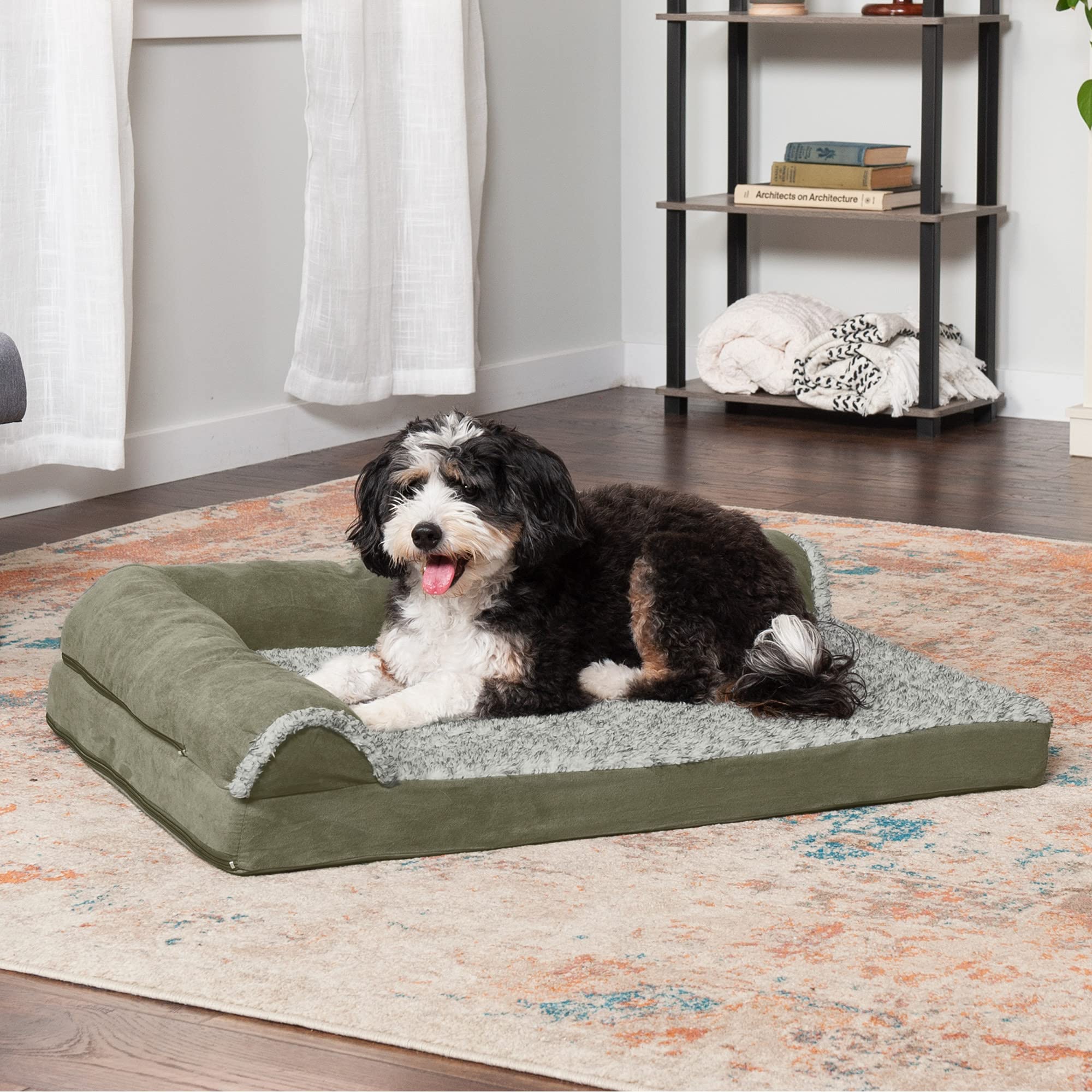 Furhaven Orthopedic Dog Bed For Large/Medium Dogs W/ Removable Bolsters & Washable Cover, For Dogs Up To 55 Lbs - Two-Tone Plush Faux Fur & Suede L Shaped Chaise - Dark Sage, Large