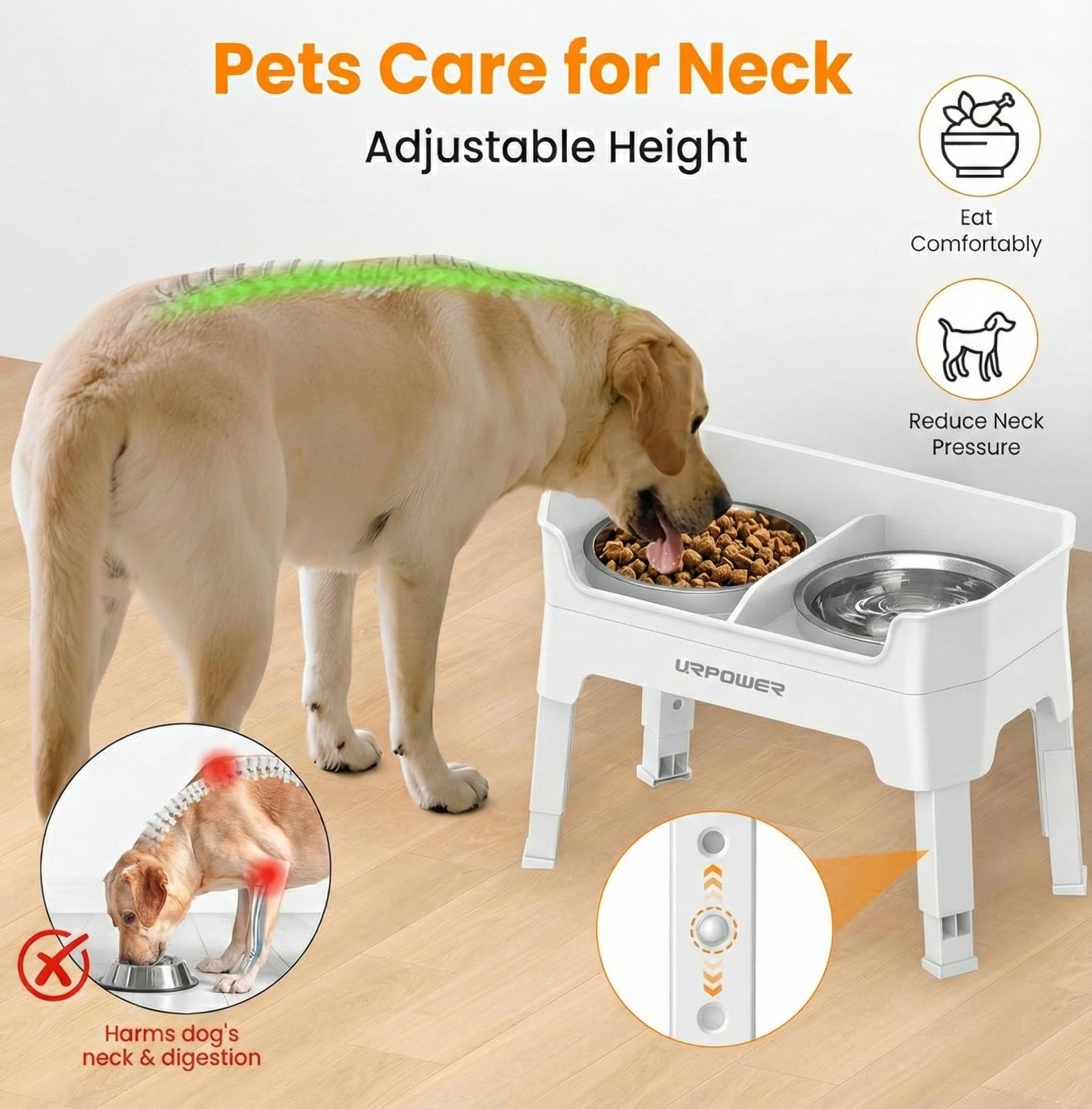 URPOWER 3-in-1 Elevated Dog Bowls - Mess Proof Double Deck 4 Height Adjustable Raised Stand with 2 Stainless Steel Food Bowls &