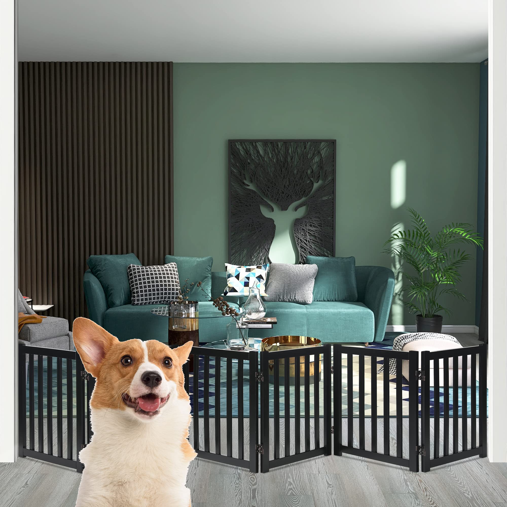 Lzrs 6-Panel Extra-Wide Freestanding Wooden Dog Gate ?24?igh Foldable Safety Pet Barrier For Doorways, Hallways, Kitchens, And Long Staircases, Durable Design Fit Small To Medium Dogs, Black