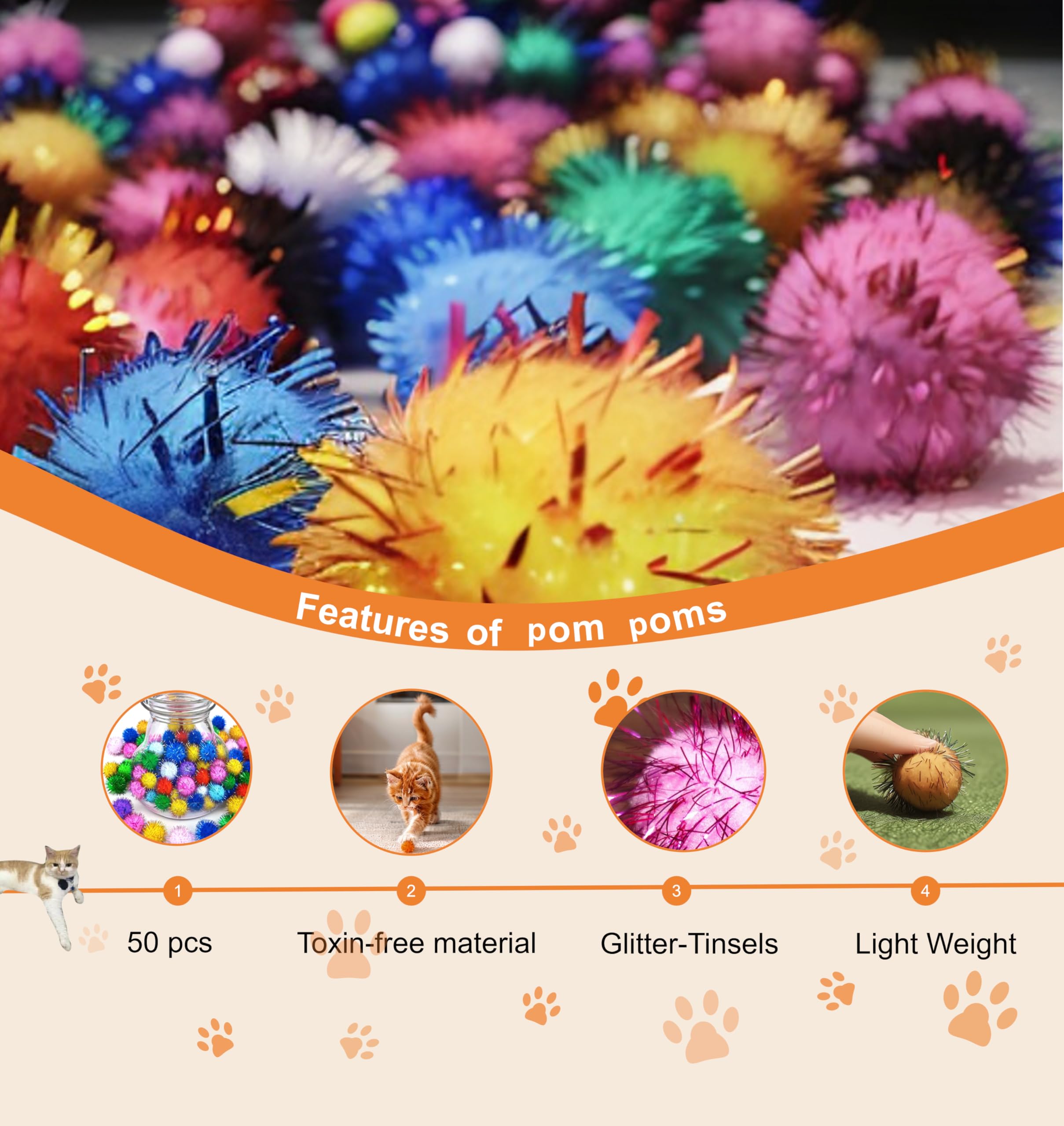 Yruizqmt 50 Pcs Cat Pom Pom Balls, 1.5 Inch Colorful Sparkle Ball Large For Cats, Cat Toy Balls With Tinsel Glittering Material,