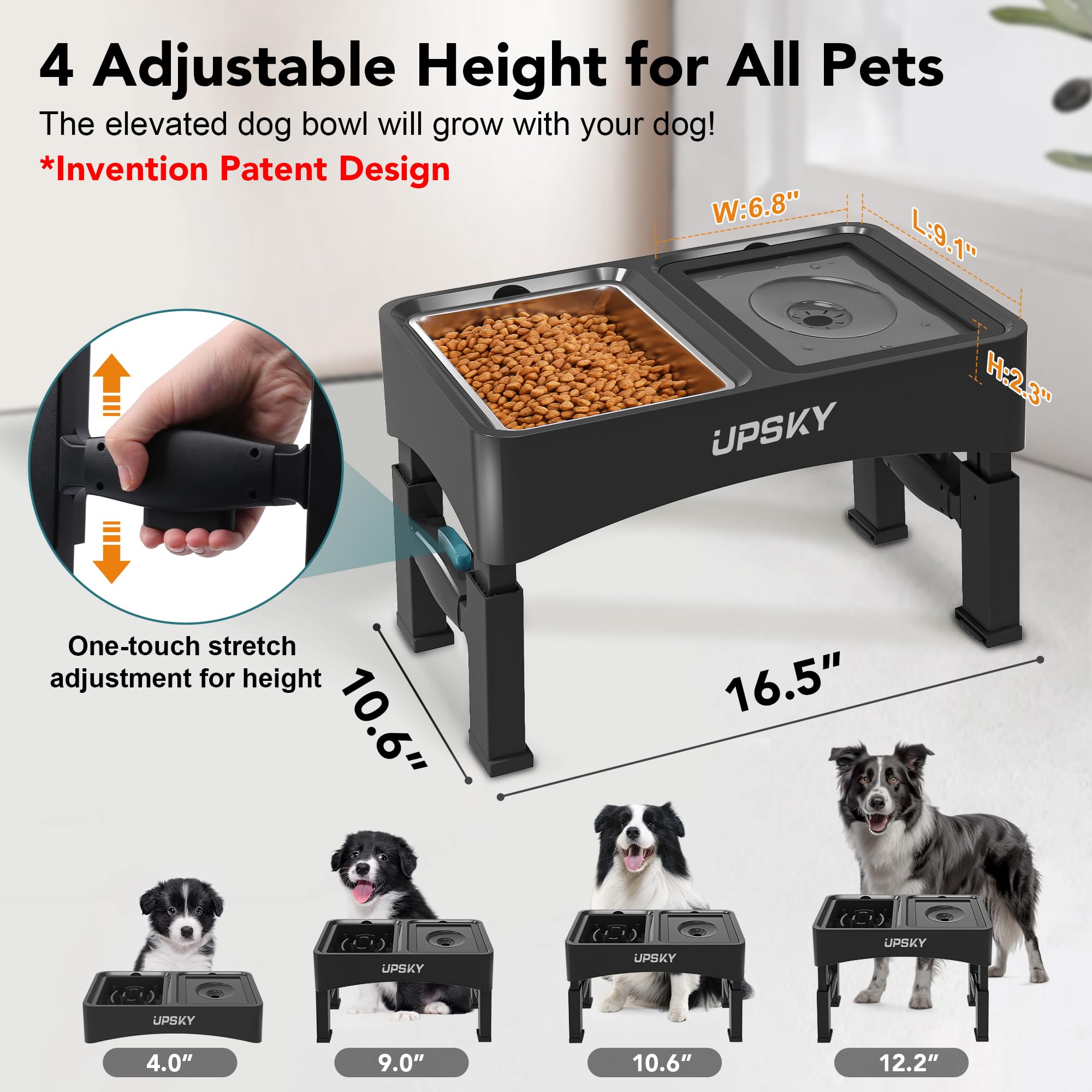Upsky 3-In-1 Elevated Dog Bowls: Slow Feeder & No-Spill Stand, Stainless Steel, Adjustable Height For Small & Medium Dogs