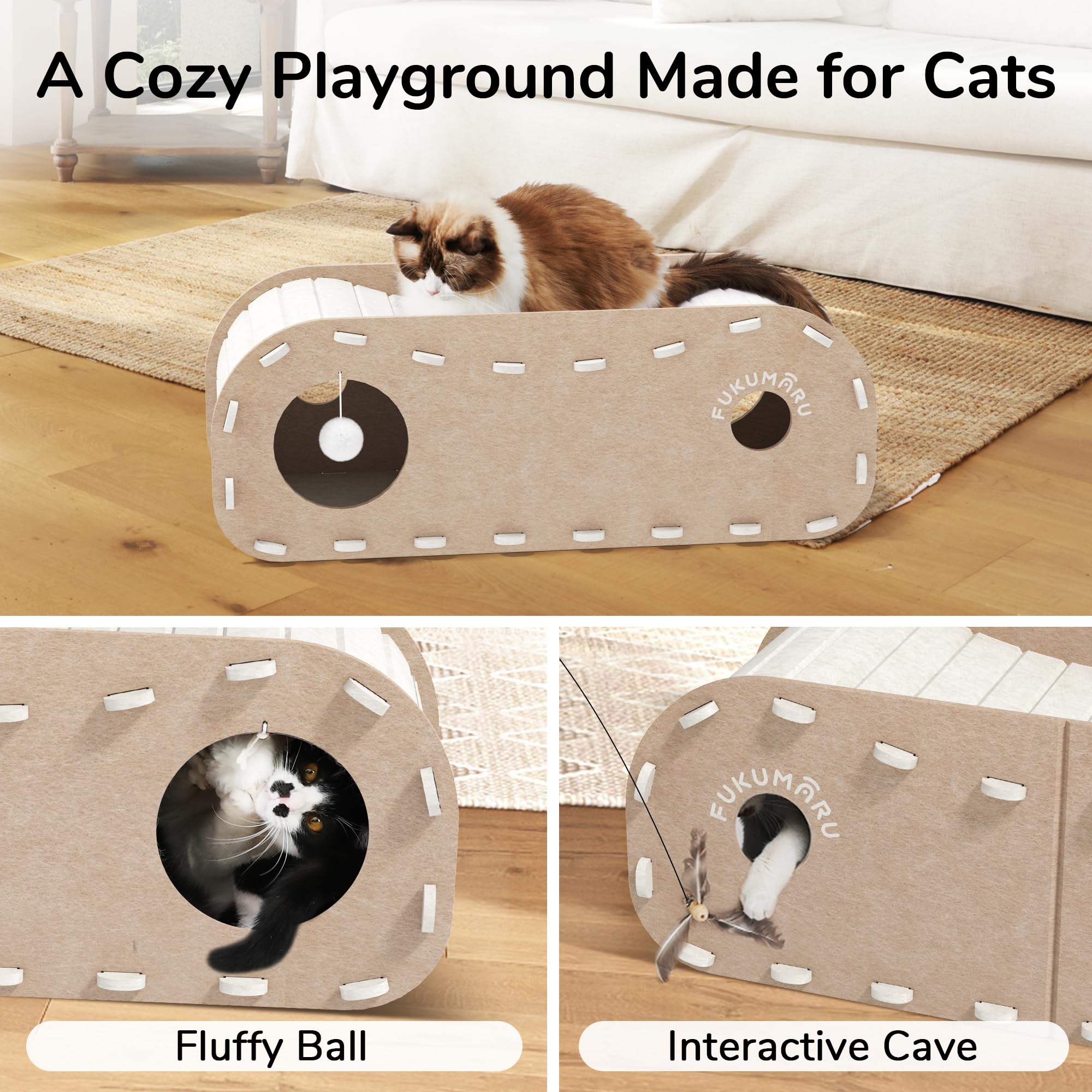 Fukumaru Cat Beds For Indoor Pets, 31.5 Inches Extra-Large Cat Cave For Multi-Pet, Cozy House With Fluffy Ball Hanging, Scratch