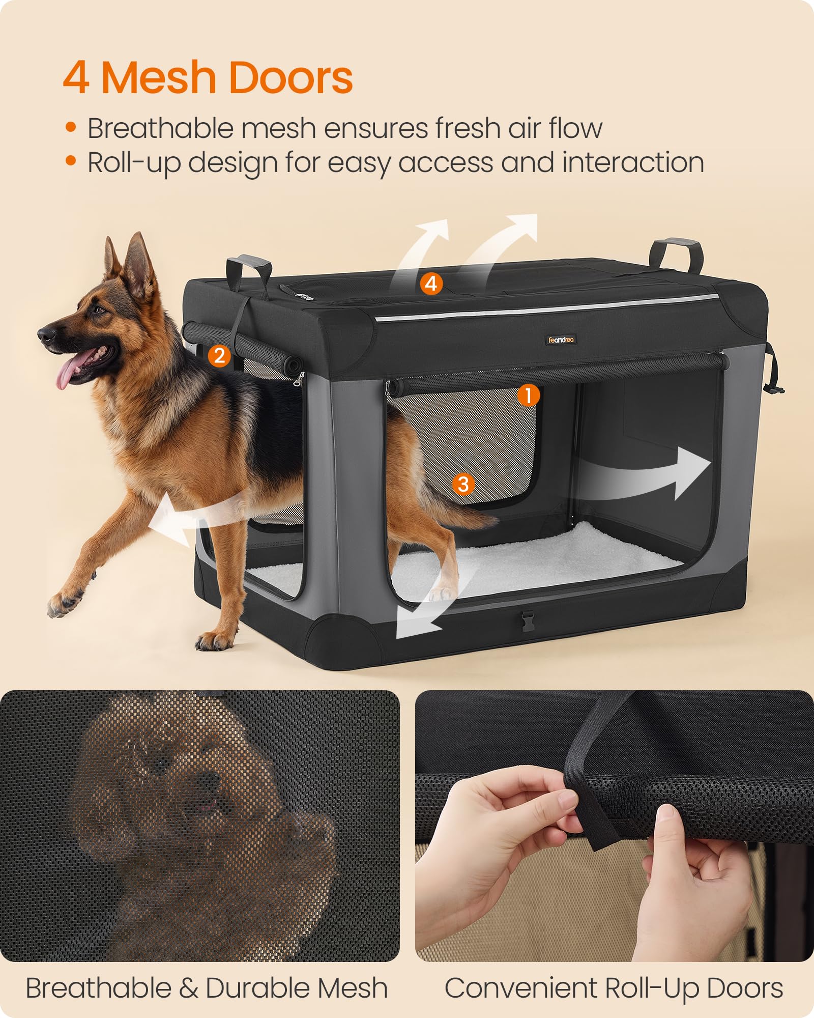 Feandrea Collapsible Dog Crate, 42-Inch Portable Dog Travel Crate for Extra Large Dogs, Oxford Fabric Pet Carrier with 4 Mesh Do
