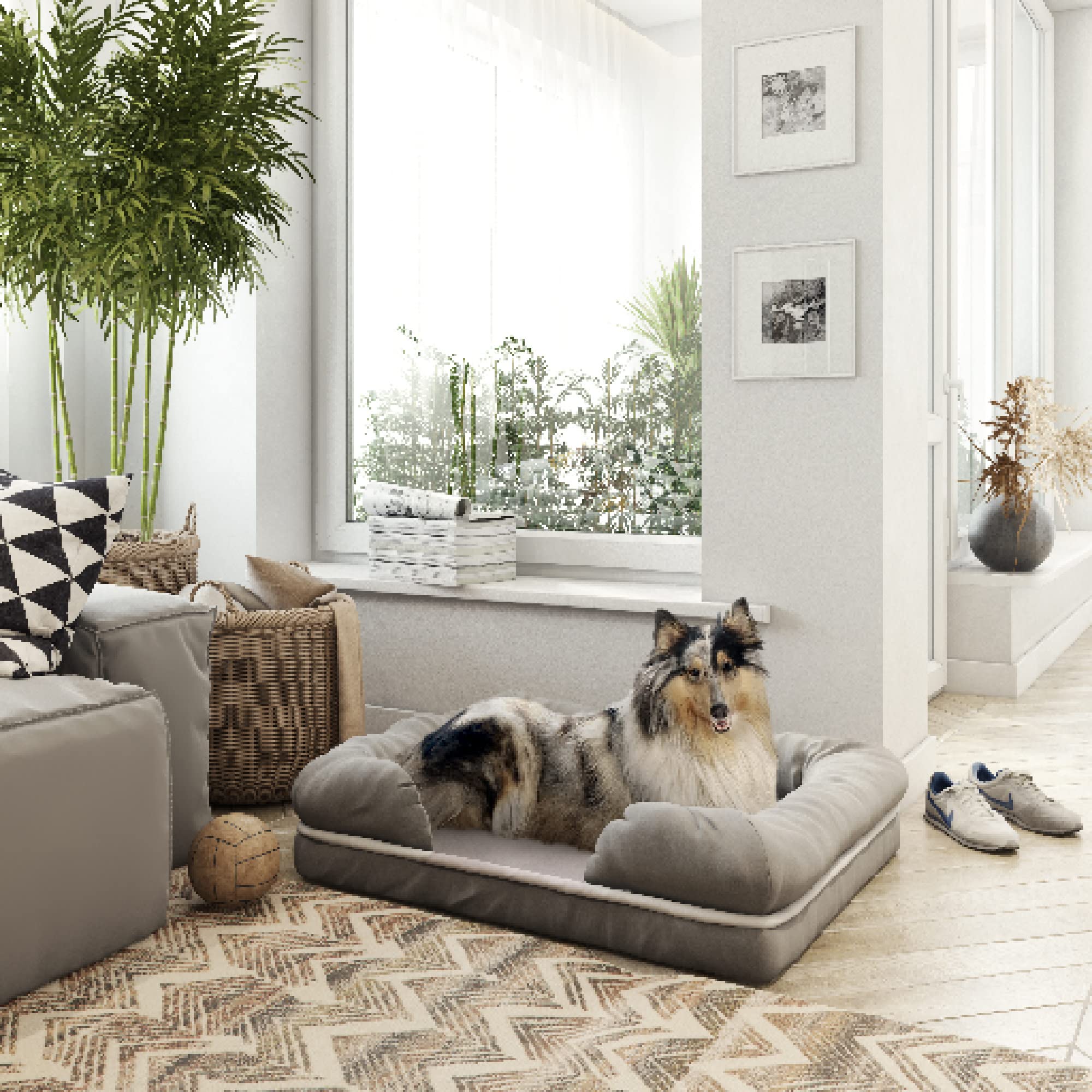 Ruff N Roo Large Waterproof Bolster Cotton And Memory Foam Dog Bed With Non-Slip Bottom, Multiple Sizes