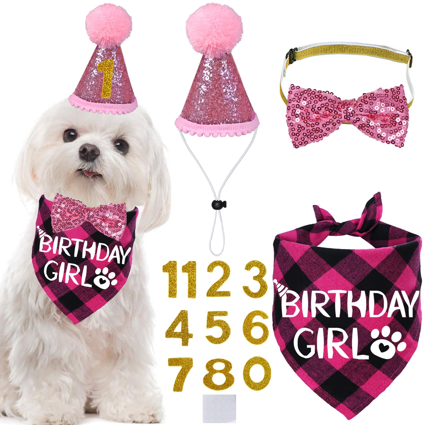 Stmk Dog Birthday Party Supplies, Multi Sizes Dog Birthday Hat With Numbers Bandana Bow Tie For Small Medium Dogs Pets Birthday 