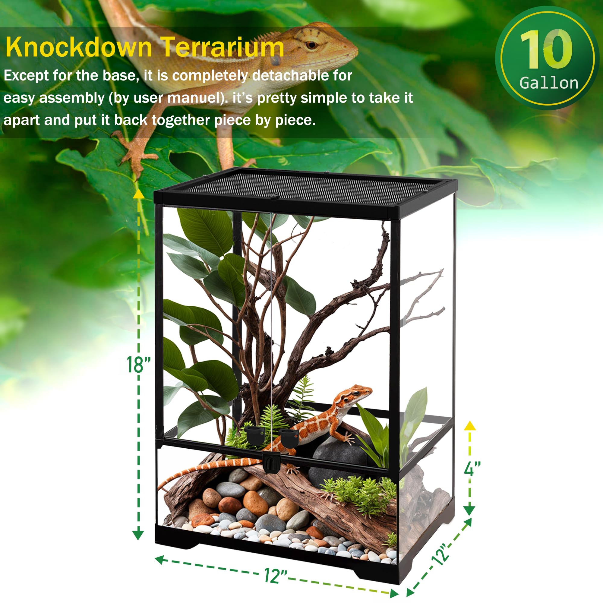 Neptonion 10 Gallon Professional Glass Terrarium 12X12X18 Durable Reptile Habitat Tank With Heat Resistant Aluminum Alloy