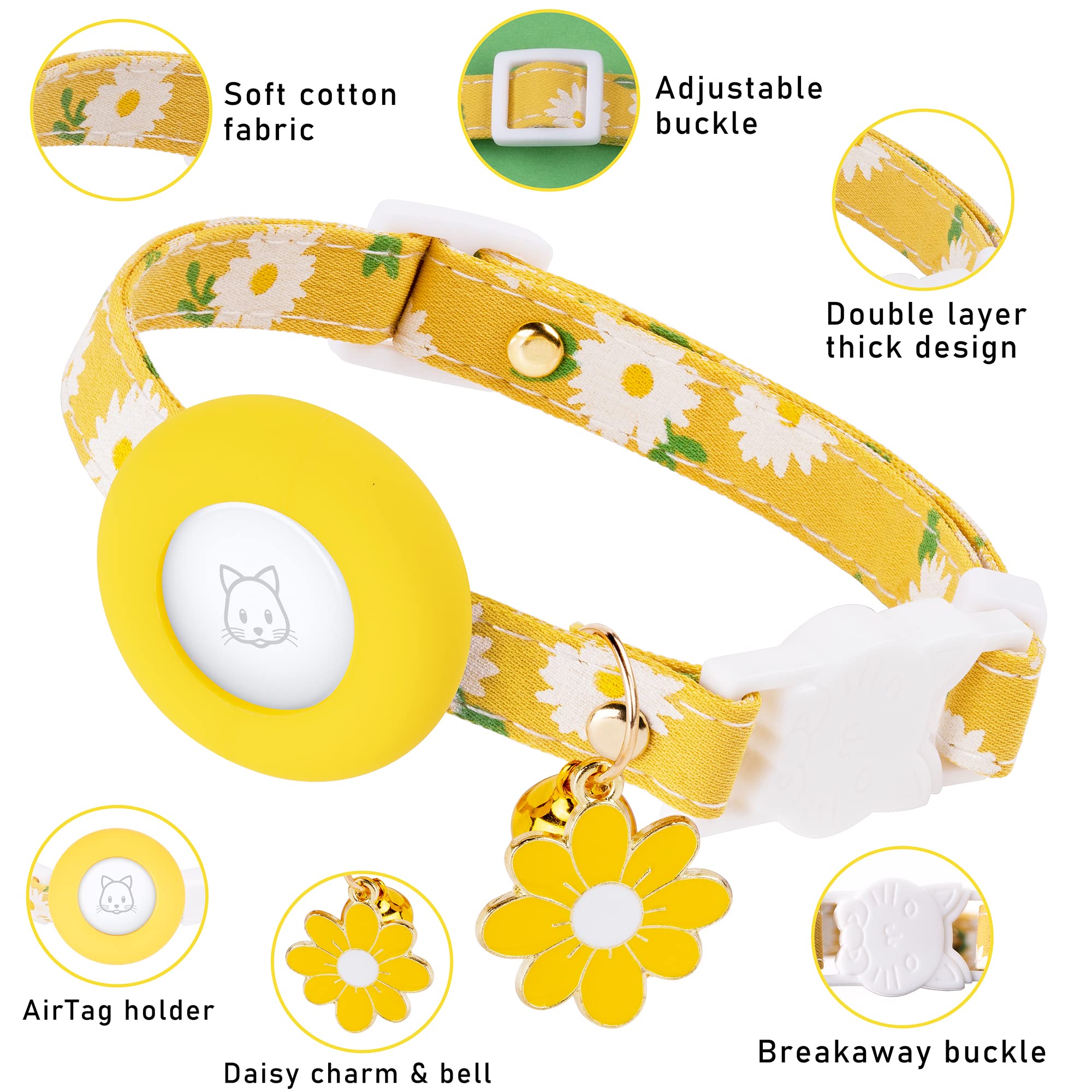 Airtag Cat Collar, Jxfukal Kitten Collar Breakaway With Silicone Airtag Holder, Bells & Flower Charm For Girl Cats Boy Cats Small Dogs(Yellow)