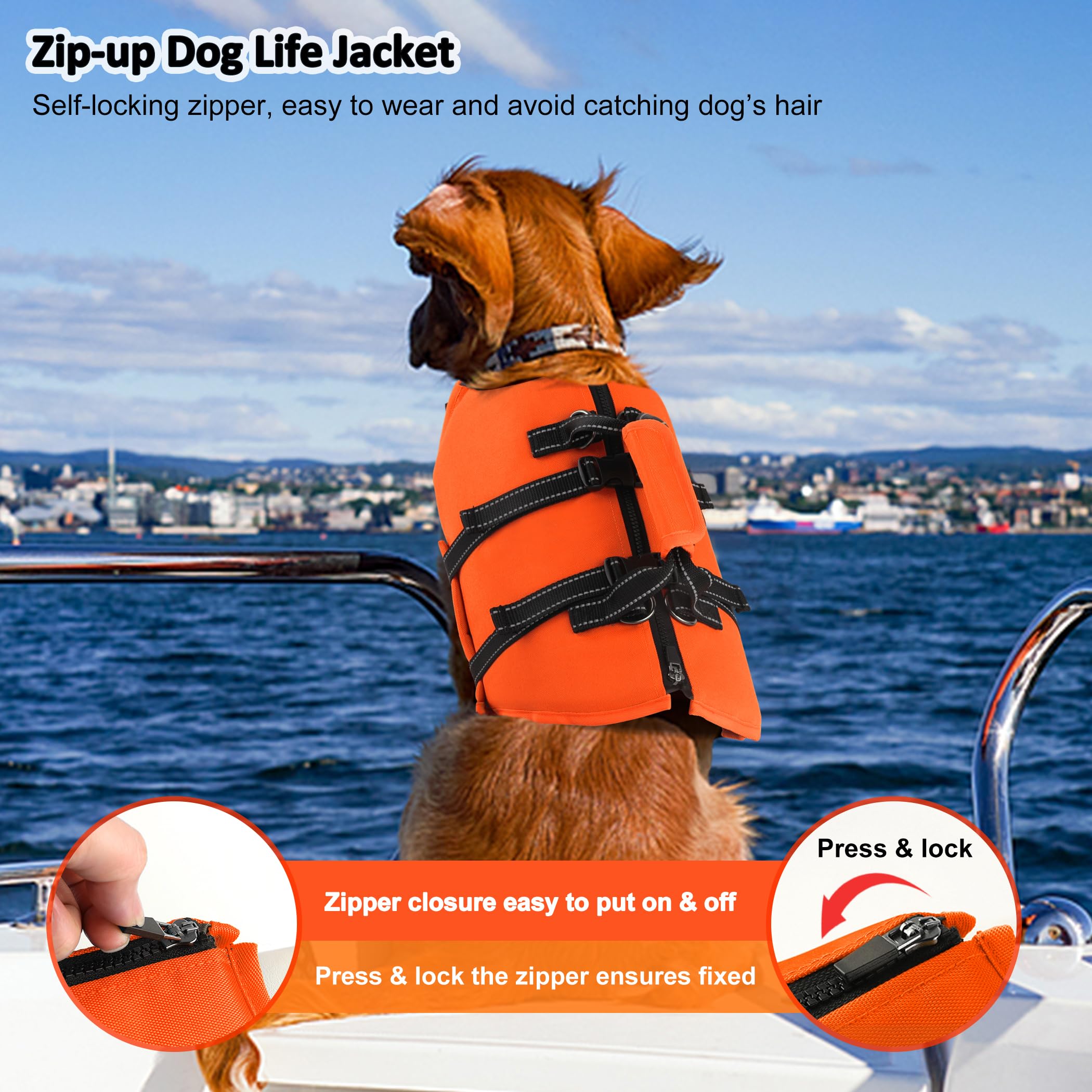 Petglad Dog Life Jacket With 4Ft Leash, Reflective Pet Life Vest With Zipper And Handle For Swimming Boating, Adjustable High Bu