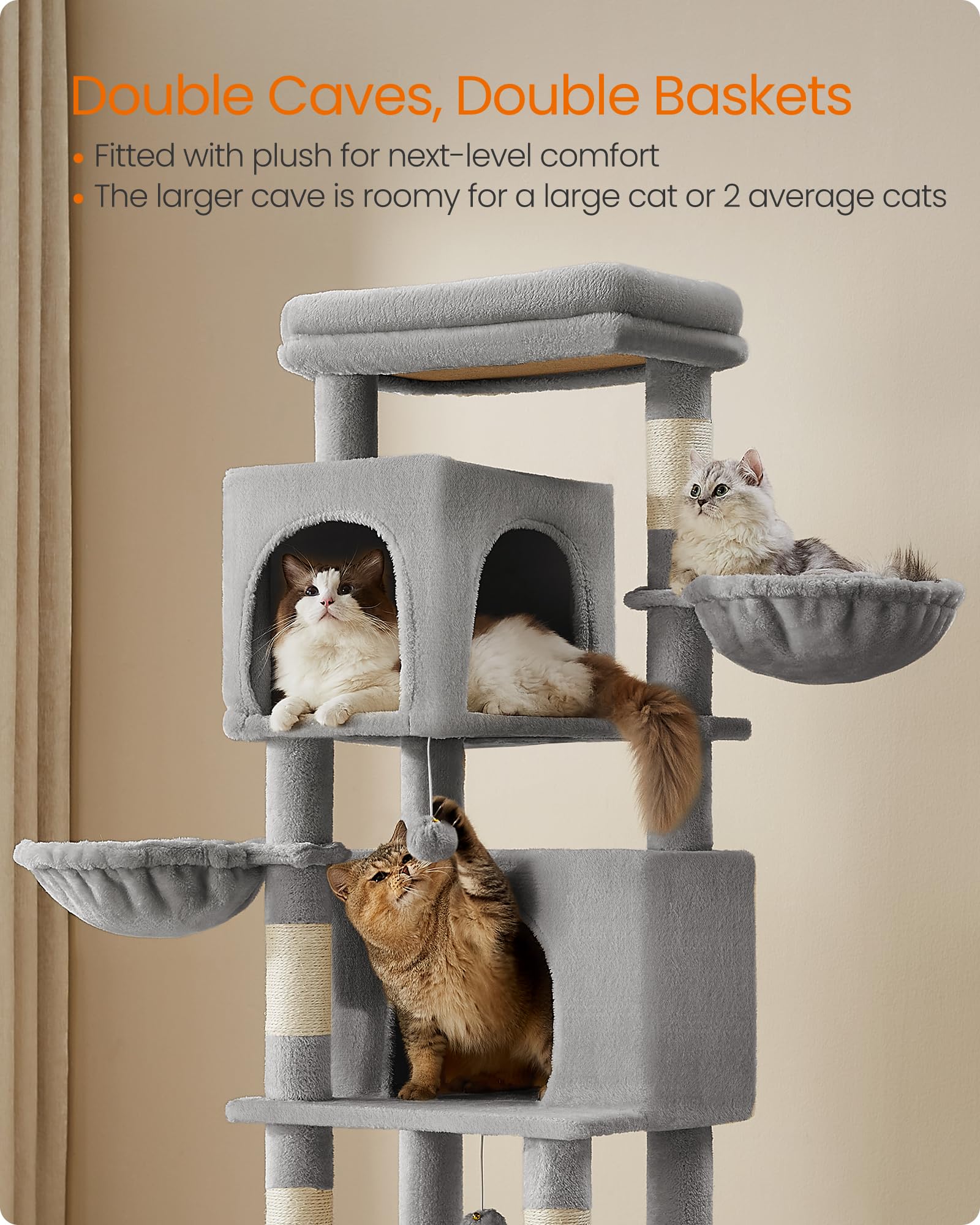 Feandrea Cat Tree, 69-Inch Tall Cat Tower for Indoor Cats, Multi-Level Cat Condo with 2 Caves, 2 Baskets, 5 Scratching Posts, Se
