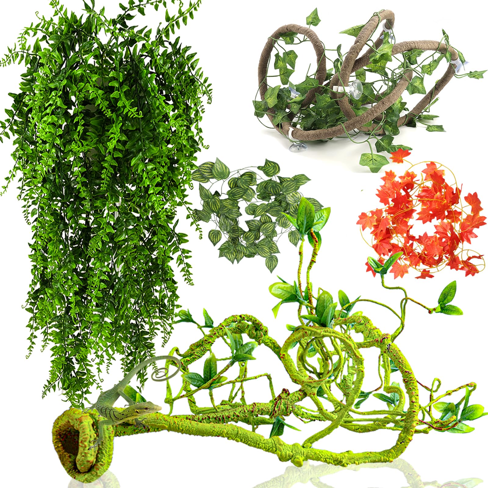 Grddaef Reptile Vines Plants for Terrarium, Flexible Vines Jungle Climbing Branch with Leaves Tank Decor for Snakes Bearded Drag