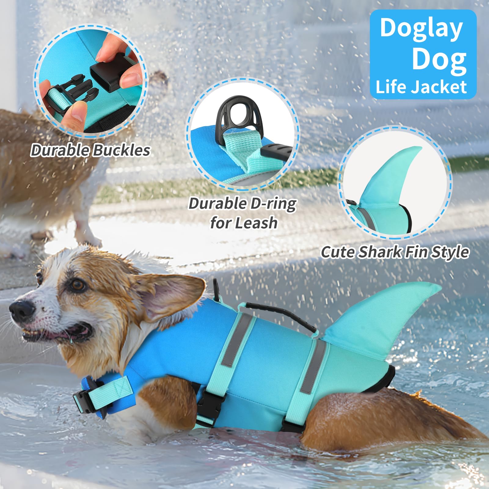 Doglay Dog Life Jacket, Ripstop Cute Shark Dog Life Vest With Superior Buoyancy And Rescue Handle, Adjustable Puppy Life Vests F