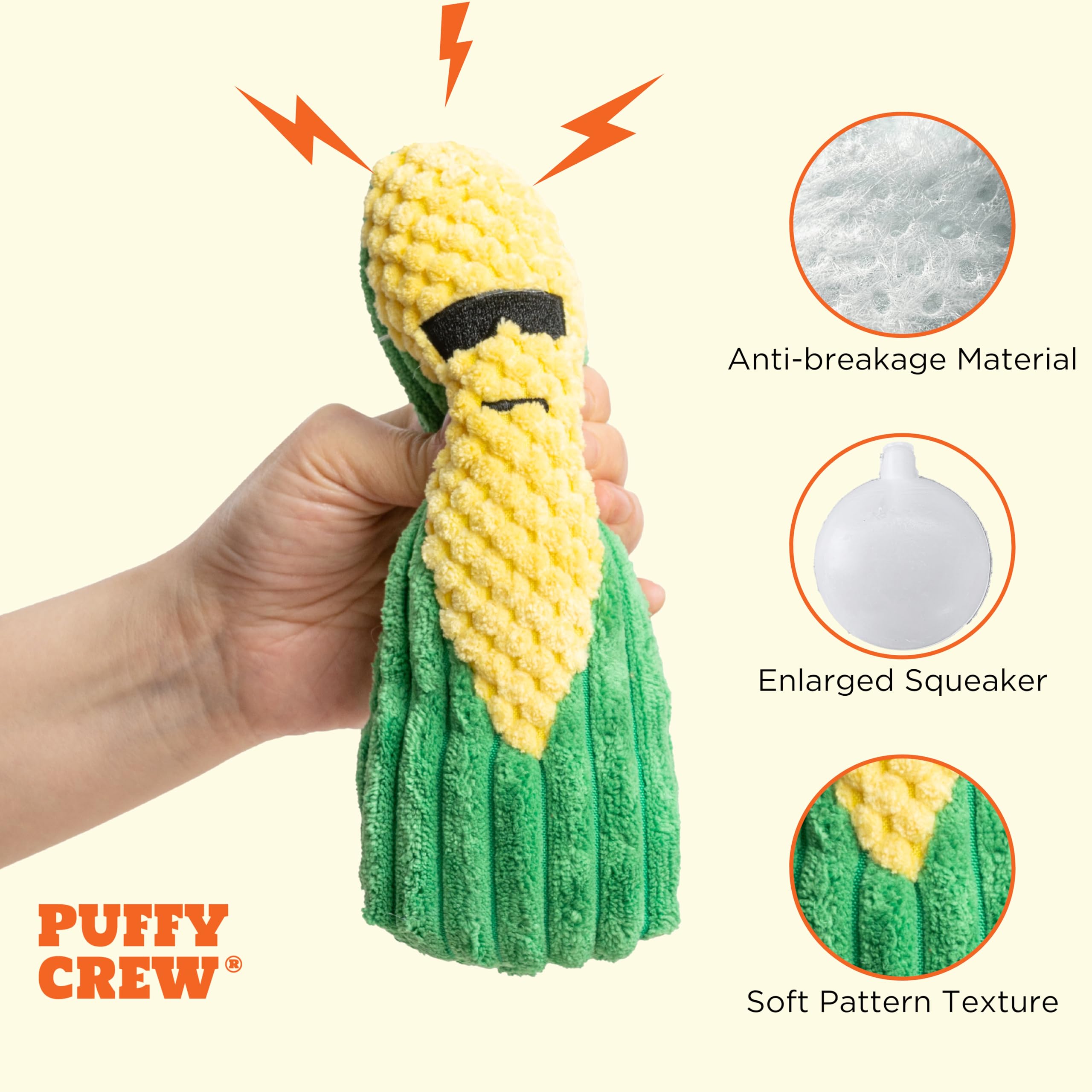 Puffy Crew Squeaky Dog Plush Toy, Bite_Stick Collection, 8'', For Small And Medium Dogs (Corn)