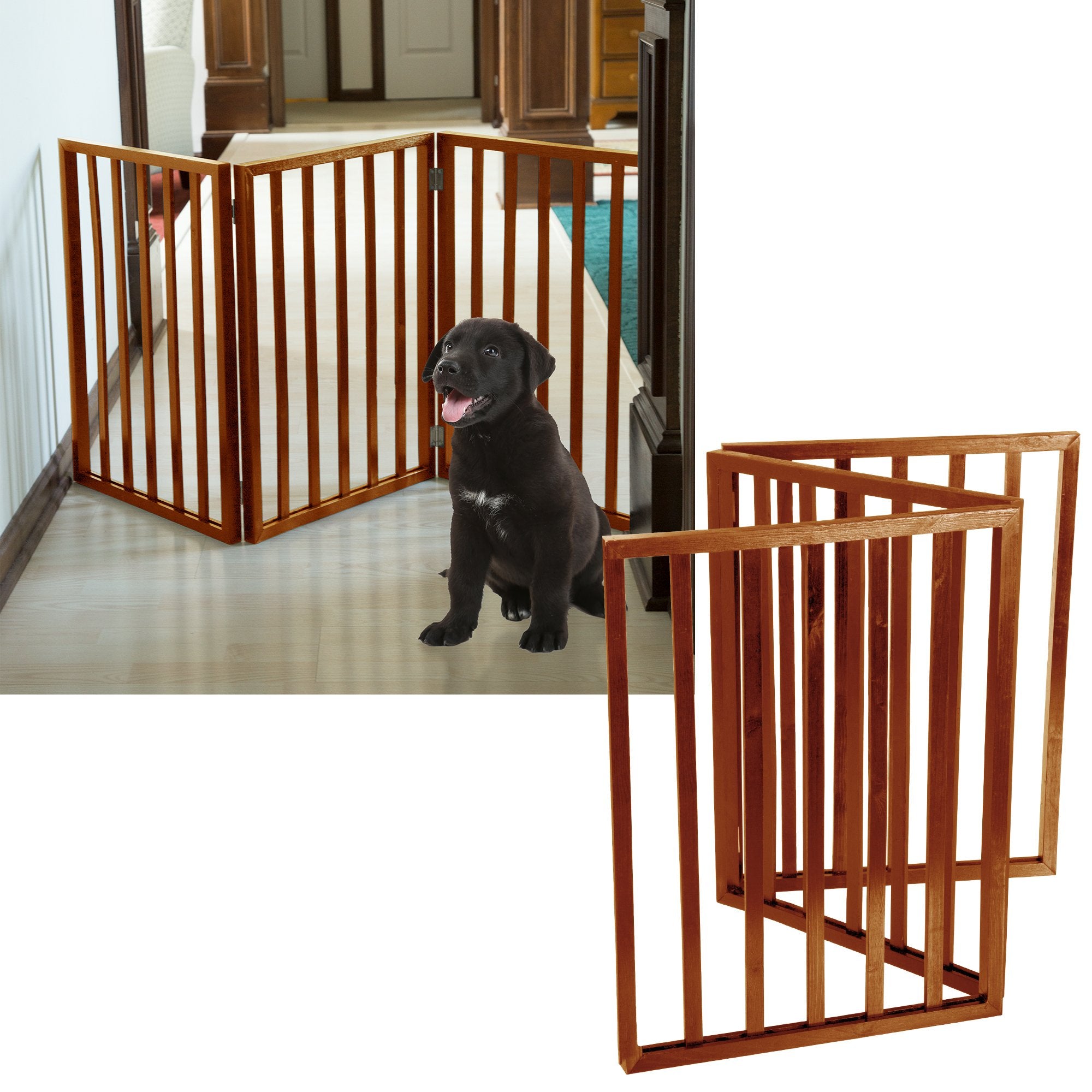 Pet Gate - 3-Panel Indoor Foldable Dog Fence For Stairs Or Doorways - 54X24-Inch Retractable Wood Freestanding Dog Gates By Petmaker (Mahogany)