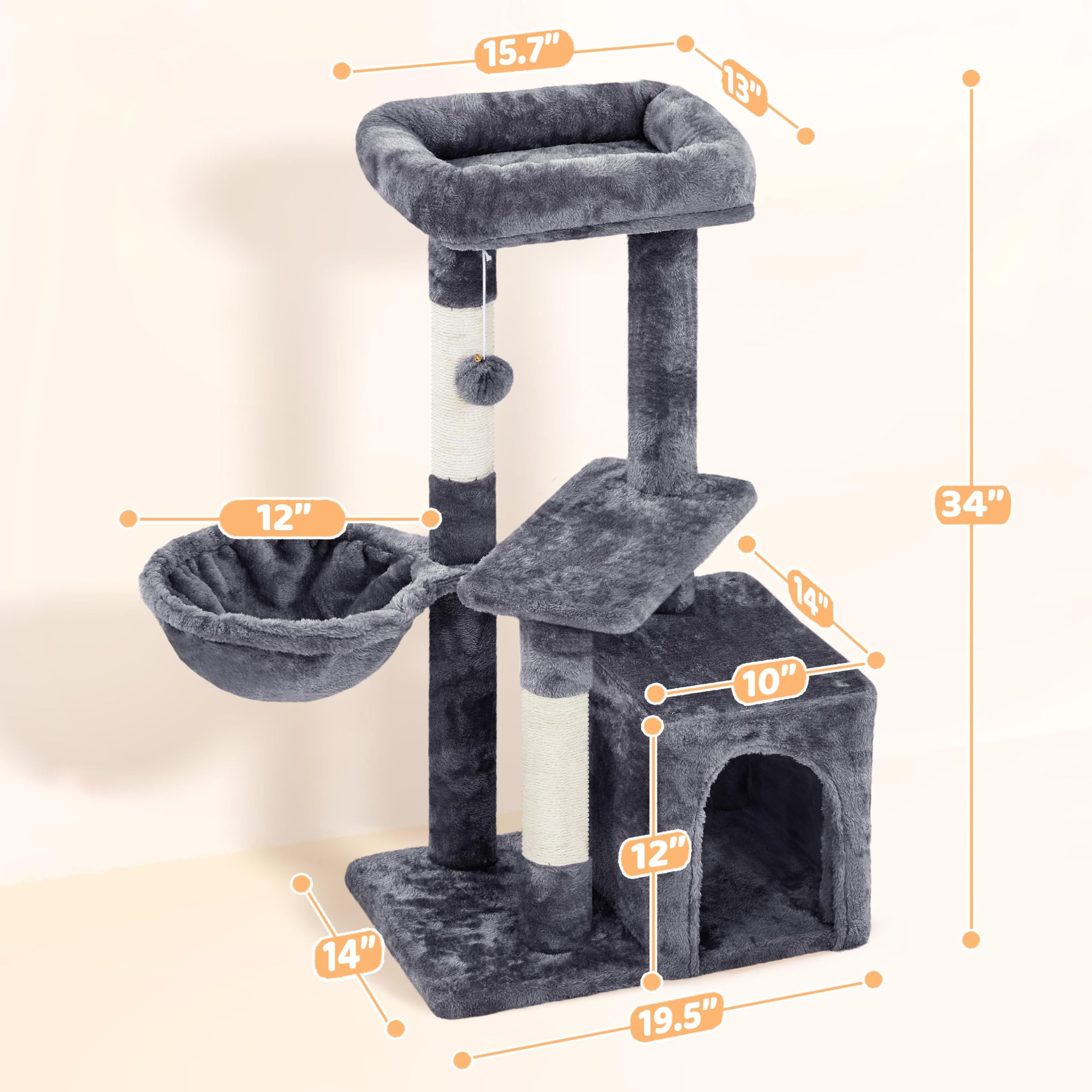 Yaheetech Cat Tree, Plush Covered Cat Tower For Indoor Cats, Cute Cat Condo With Scratching Post & Pad, 34.5In Multi-Level Cat Furniture Activity Center Cat Bed W/Dangling Ball & Platform For Kittens