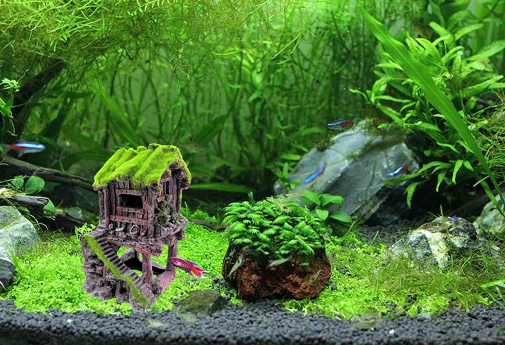 M2Cbridge Aquarium Decorations Fish Hideout House Betta Cave With Green Lifelike Moss (Style 4)