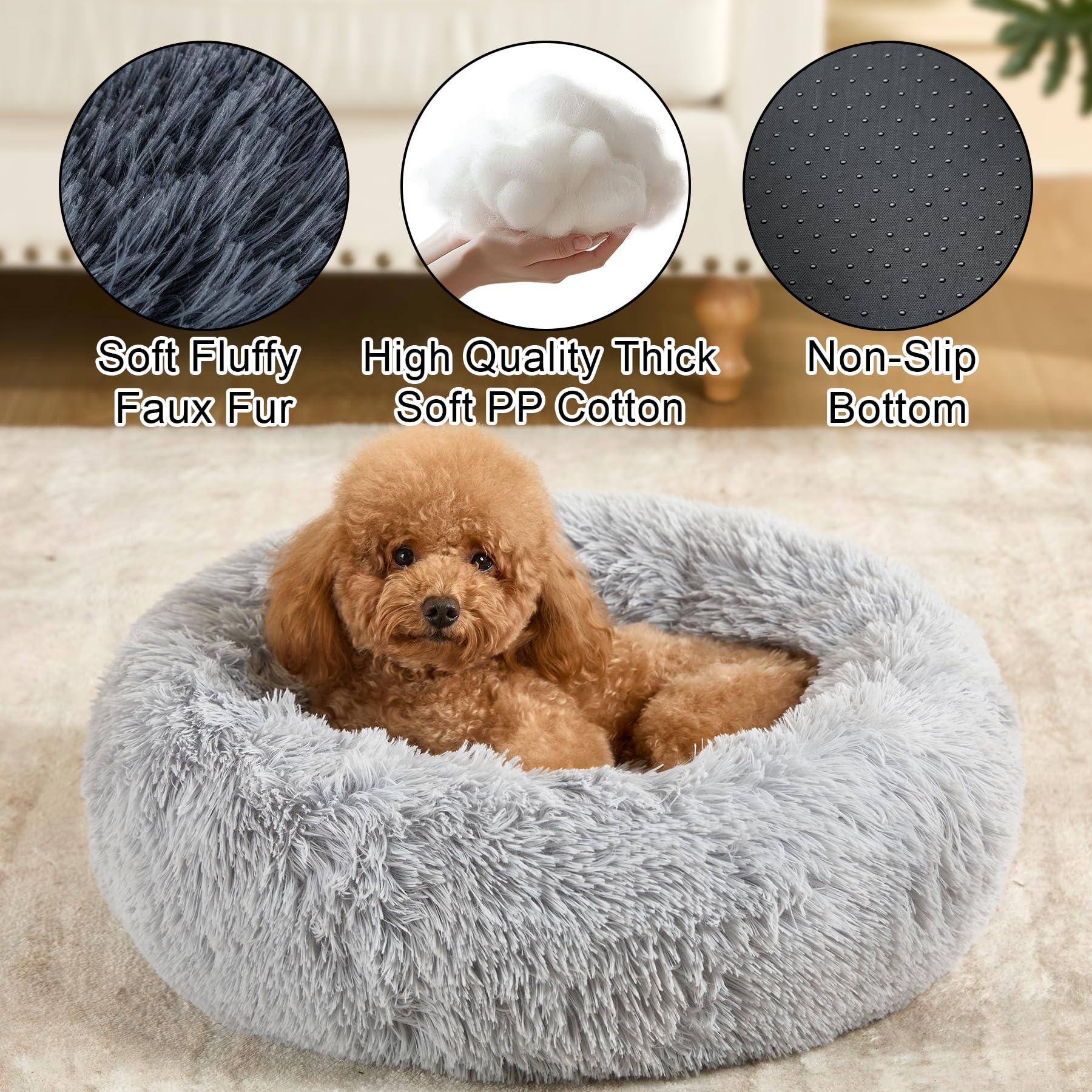 Dog Bed Calming Beds For Small Medium Dogs - Round Donut Washable Dog Bed, Anti-Slip Faux Fur Fluffy Donut Cuddler Anxiety Cat B