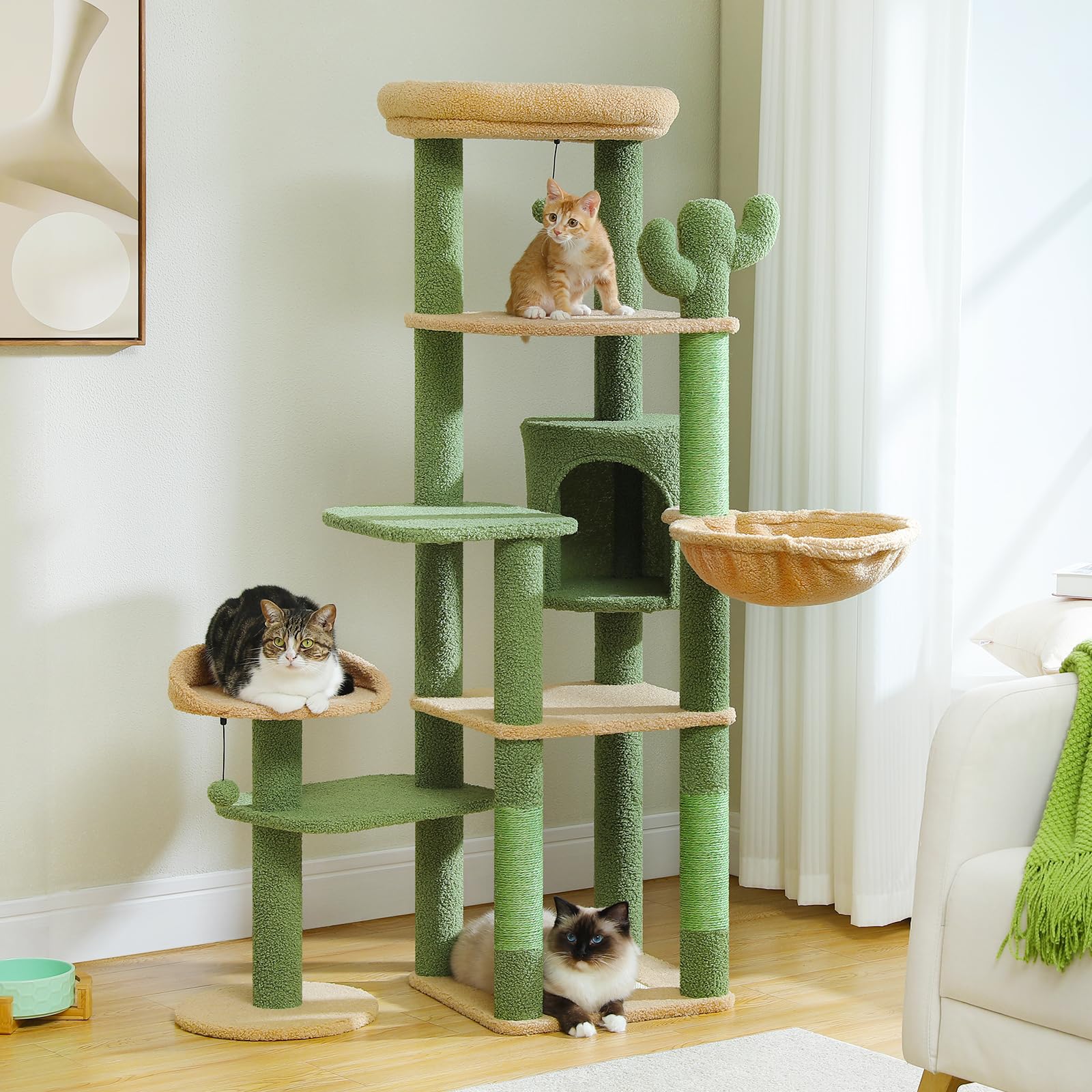 Muttros 59'' Cactus Cat Tree, Tall Cat Tree For Large Cat, Multi-Level Cat Tower, Cat Tree For Indoor Cats, Cat Condo With Large