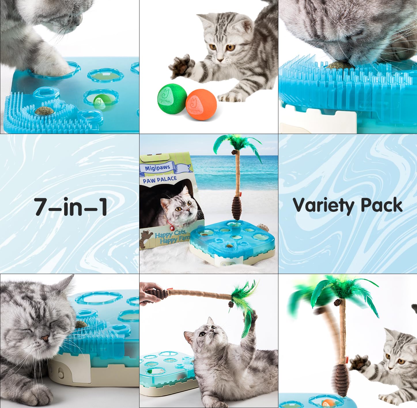 Migipaws 7-in-1 Interactive Cat Toy Motion Activated Indoor Playset with Automatic Pop Bounce Cat Ball, Feather Palm Tree Wand,
