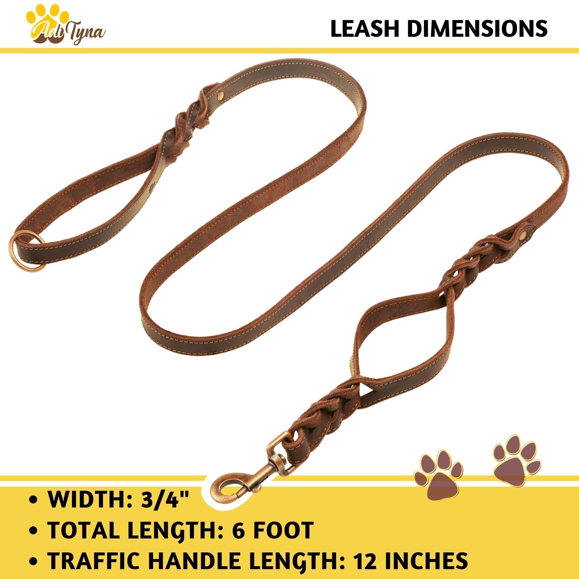 Adityna Double Handle Leather Dog Leash 6Ft X 3/4' - Heavy Duty Braided Dog Leash With Traffic Handle - Dog Lead For Training And Walking Large And Medium Dog Breeds (Brown, Two Handles 6 Foot X 3/4')