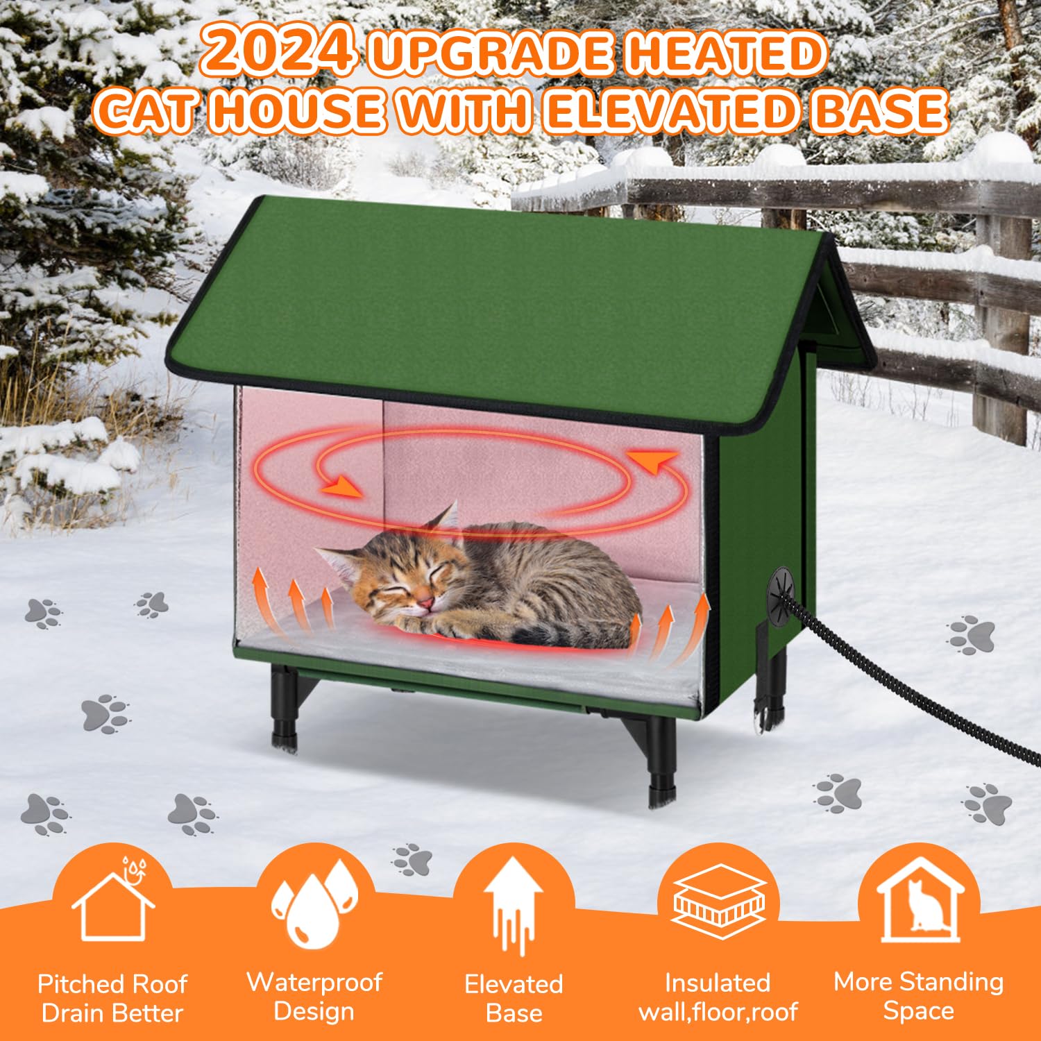 Reapalot Heated Cat House For Outside Cat In Winter, Insulated Outdoor Feral Cat Shelter With Cat Heating Pad, Elevated Heated K