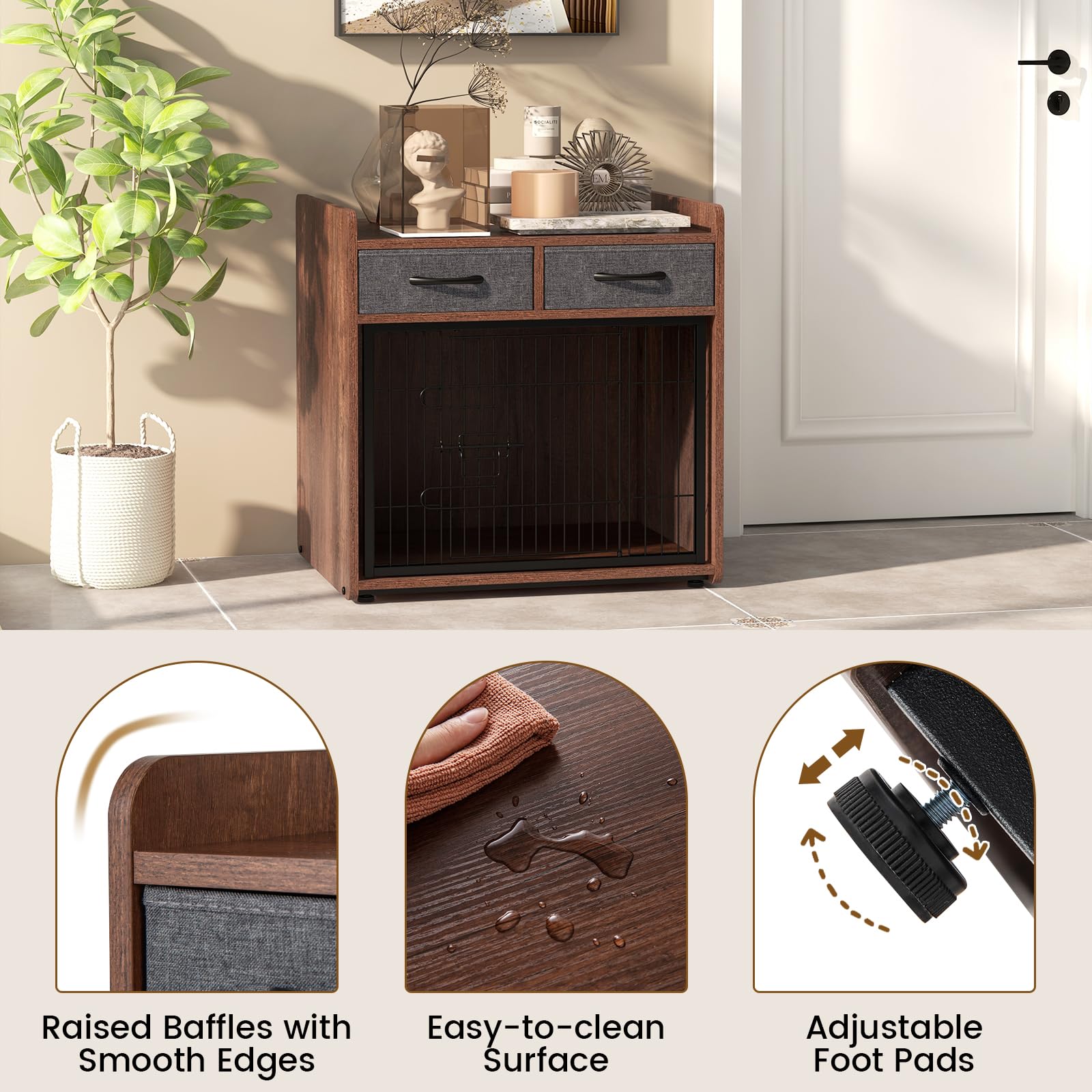 Giantex Dog Crate Furniture - Wooden Dog Cage End Table with 2 Storage Drawers, Latched Door, Pet House Dog Kennel Indoor for Sm