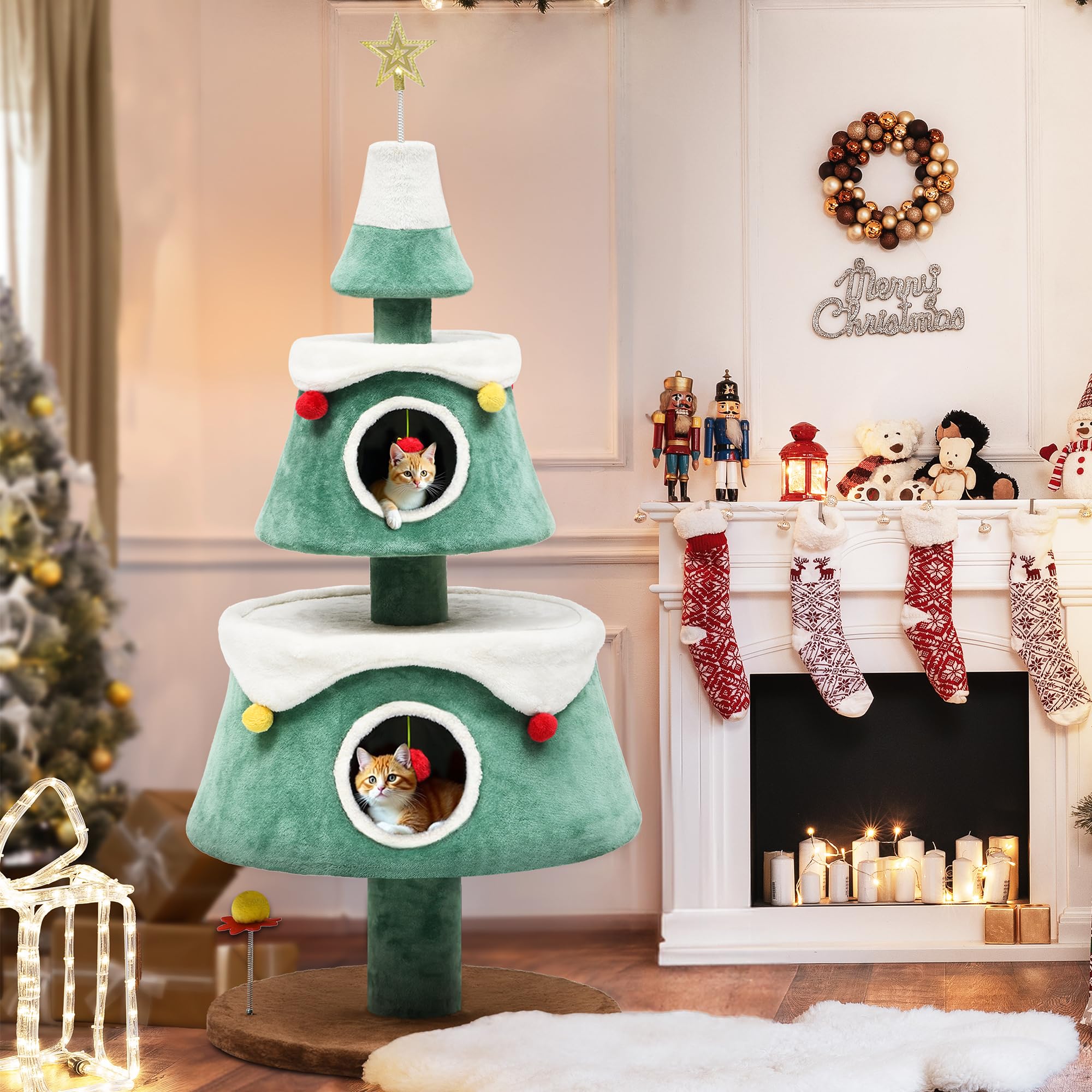 Yitahome 63 Christmas Cat Tree With Cat Teaser Toy, Cat Tower For Indoor Cats With 2 Cat House, Christmas Tree Design With Plu