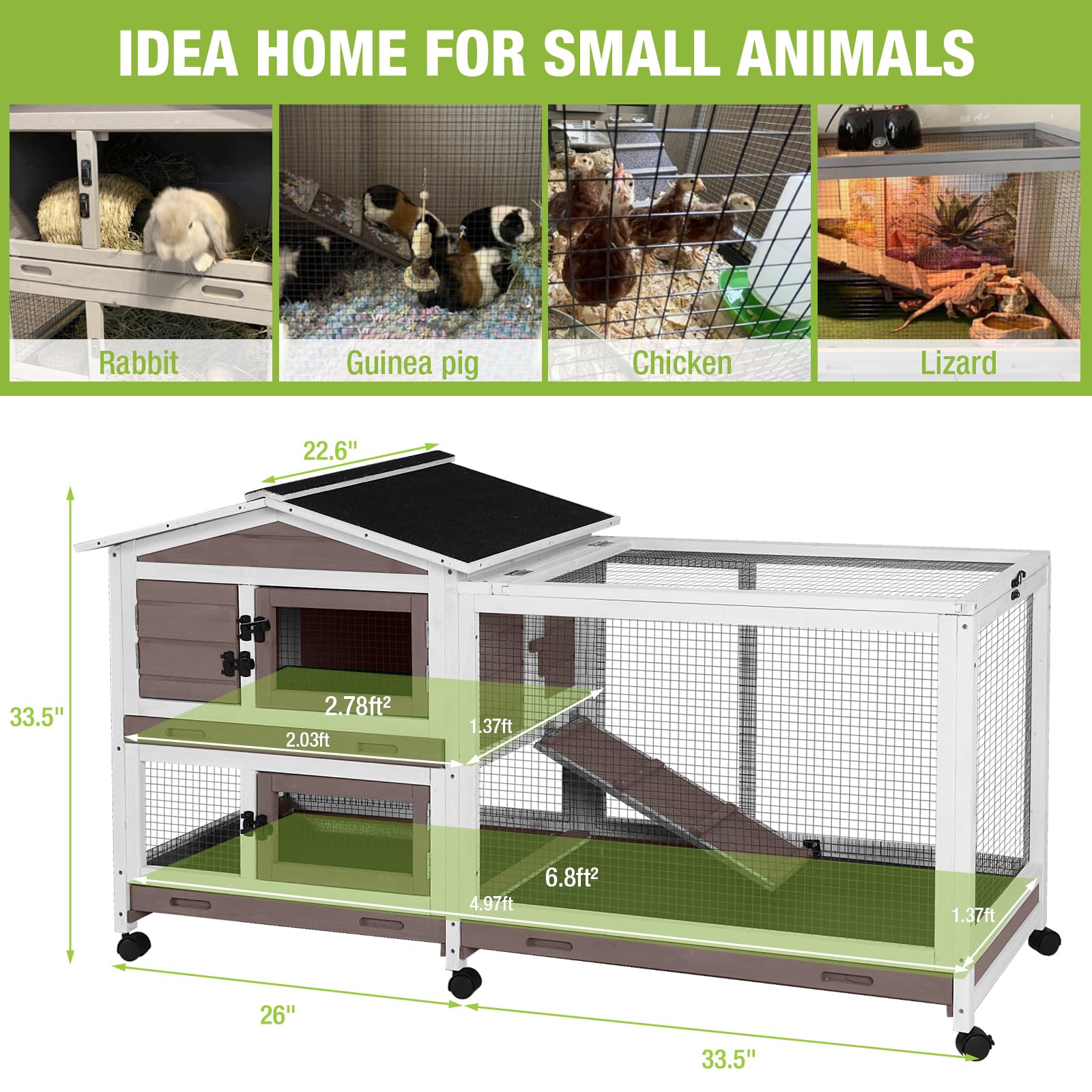 Outdoor Rabbit Hutch Indoor Bunny On Wheels Large Guinea Pig Cage With Run For Any Small Animals,Removable Pull Out Tray White