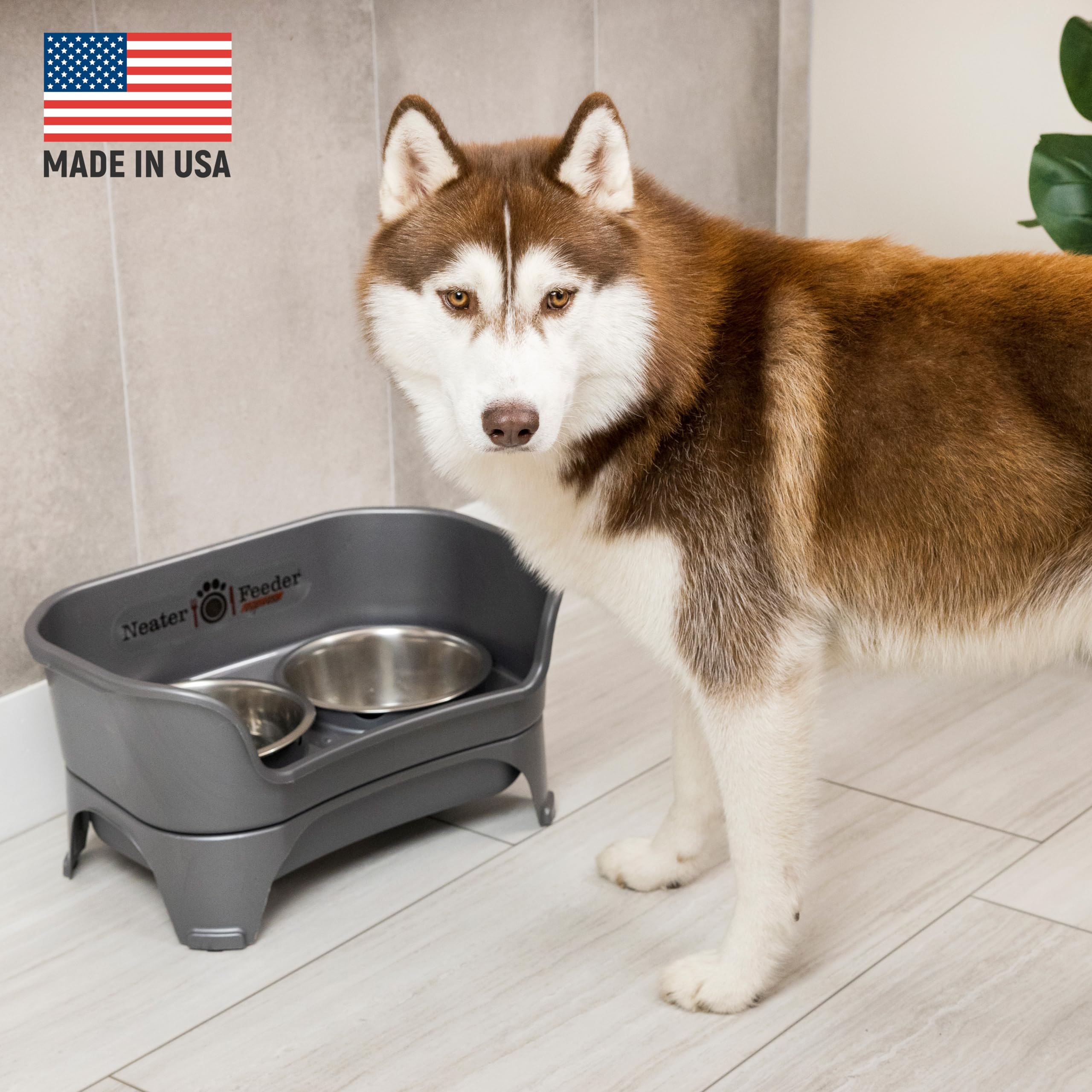 Neater Feeder - Express Model W/ Slow Feed Bowl - Mess-Proof Dog Bowls (M/L, Grey) Made In Usa - Elevated, No Spill, Non-Tip, No