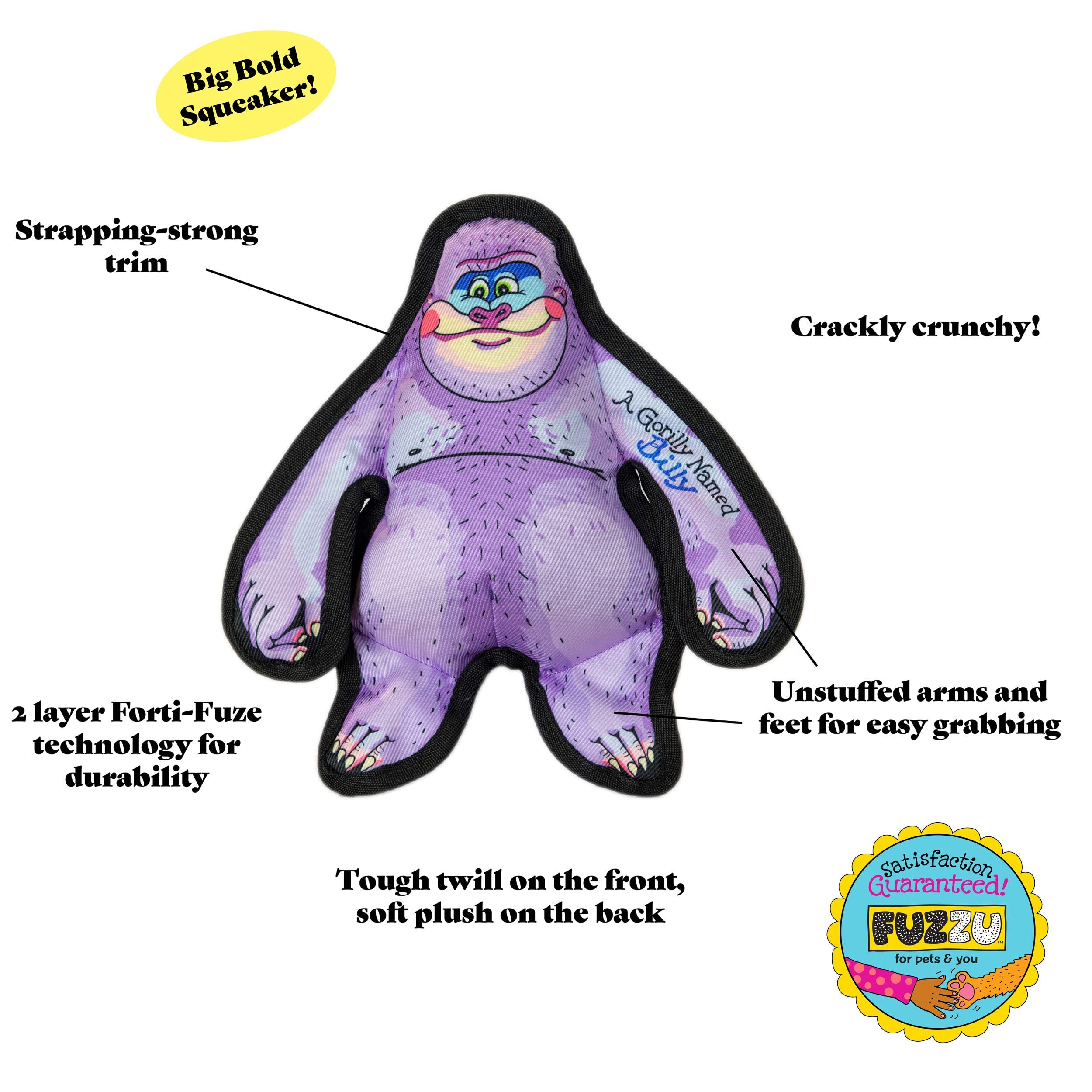 Fuzzu Durable Dog Toy With Squeaker - Tough Chew Toy, Wild Woodies - A Gorilly Named Billy, Small 6'