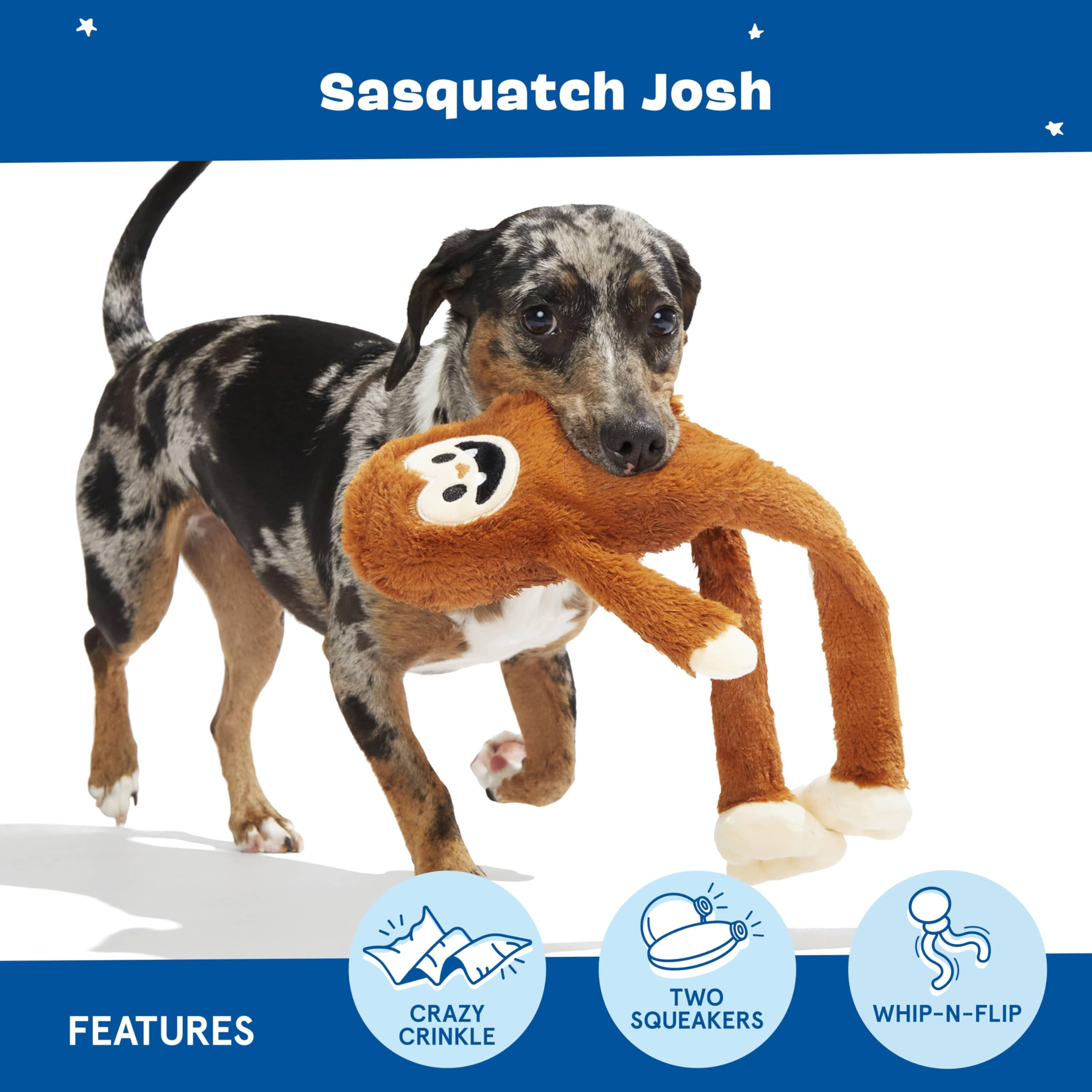 Barkbox Sasquatch Josh Plush Dog Toy - Squeaky Toy with Crazy Crinkle, Whip-N-Flip Arms, and Soft Plush Design for Interactive P