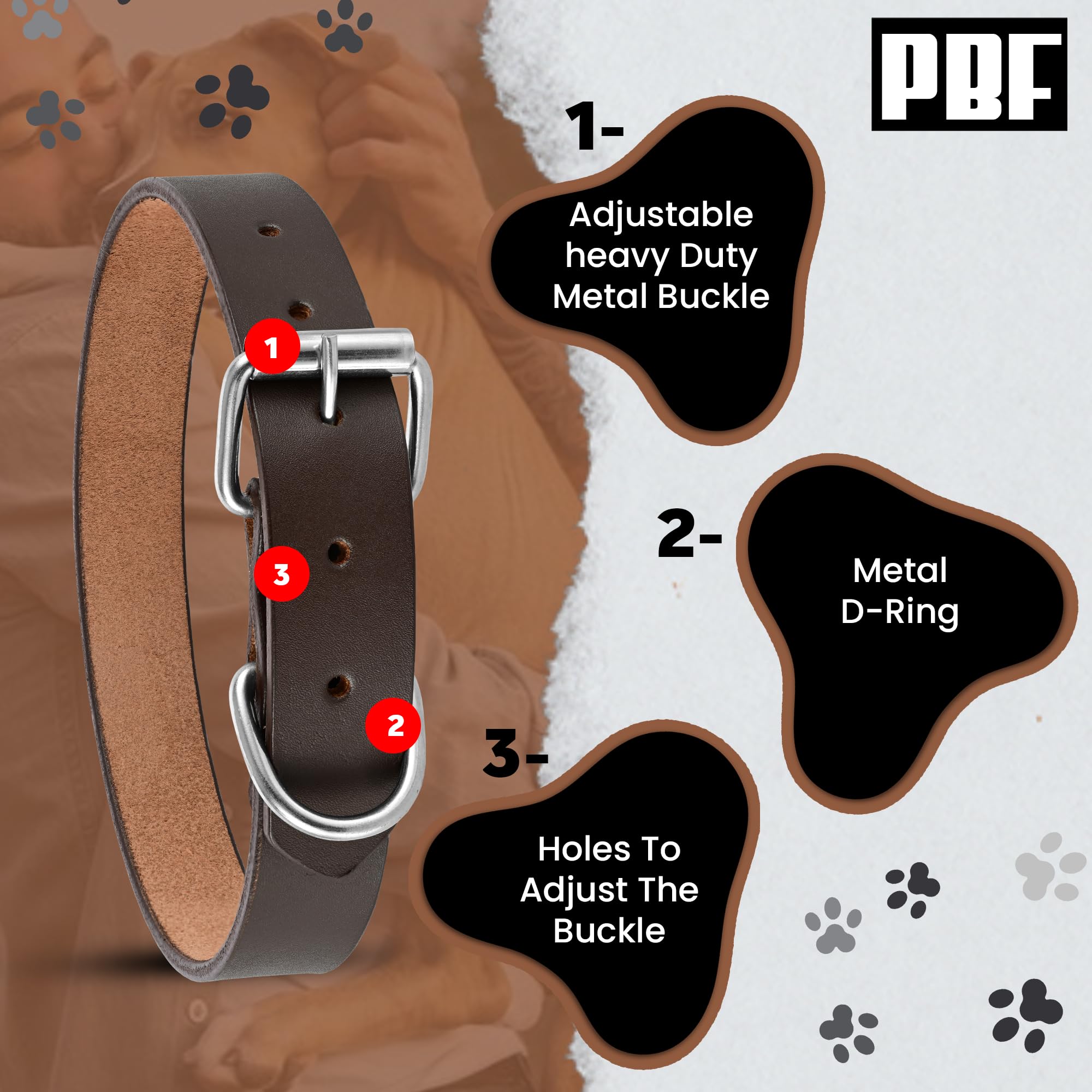 Pbf Genuine Leather Dog Collar - Heavy Duty, Thick And Durable Collar For Small, Medium, Large, And Extra Large Dogs (Brown, Med