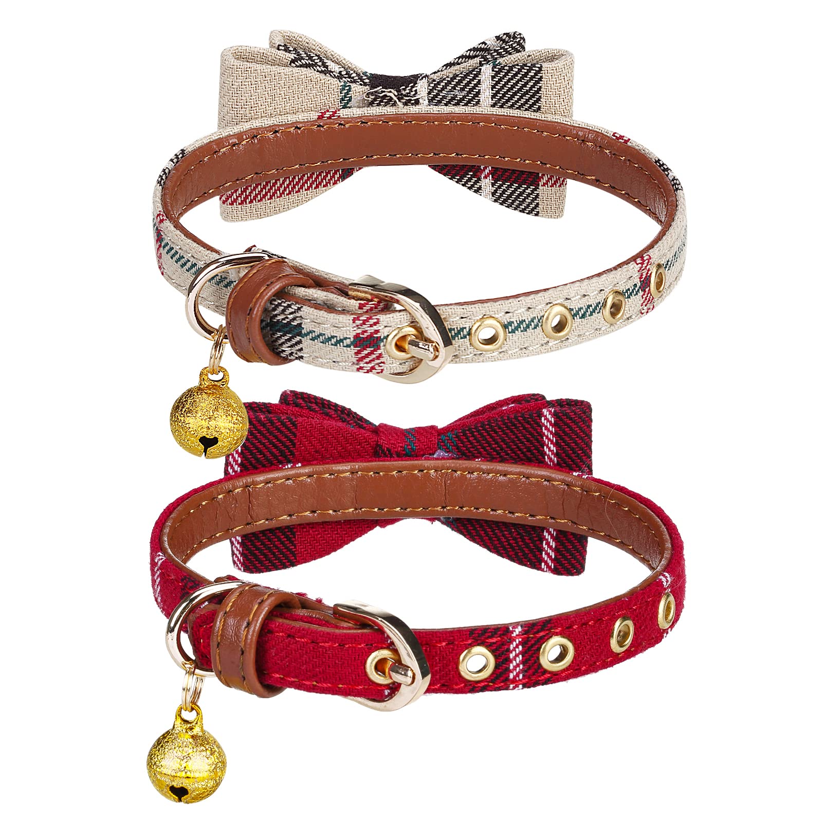 Pupteck Puppy Collar With Bell - 2 Pack Plaid Small Dog Collar Charm Adjustable Bowtie Soft Leather Cat Collar For Kitten And Pu