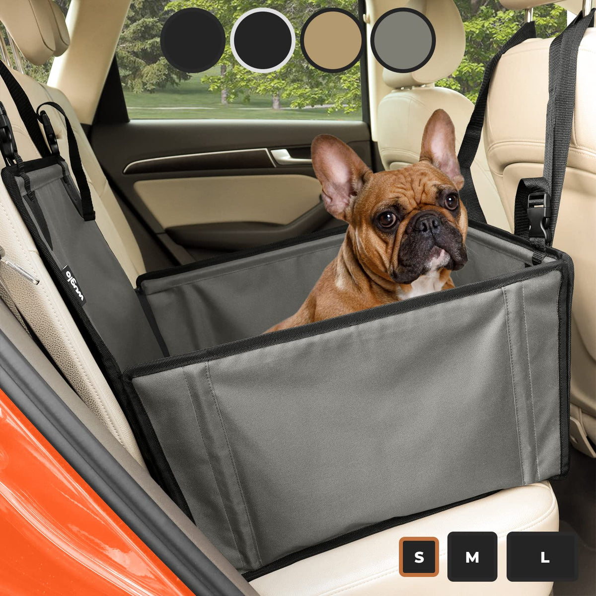 Wuglo Extra Stable Dog Car Seat - Reinforced Car Dog Seat For Medium-Sized Dogs With 4 Fastening Straps - Robust And Waterproof Pet Car Seat For The Back Seat Of The Car (S Size, Grey/Black)