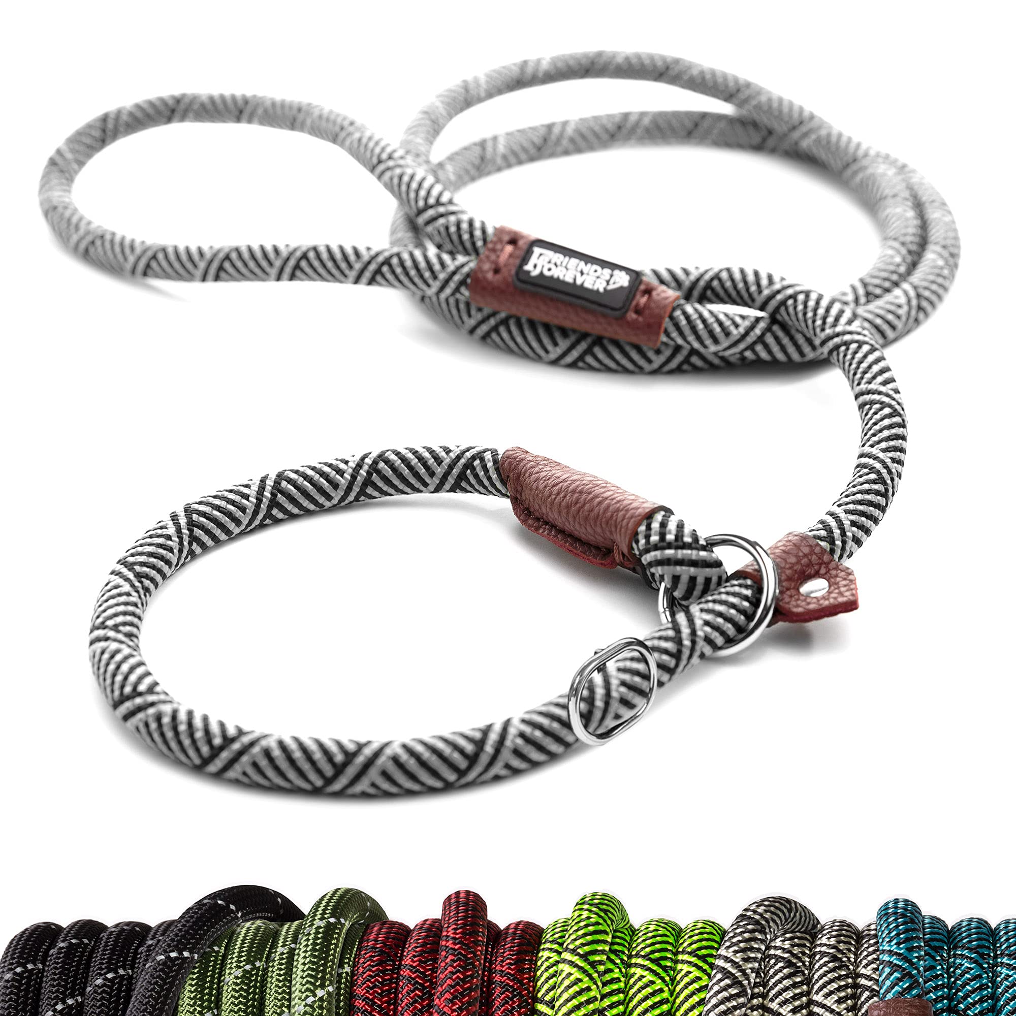 Friends Forever Dog Rope Leash - Durable 6ft Reflective Training Slip Lead, Heavy Duty Nylon, Silver