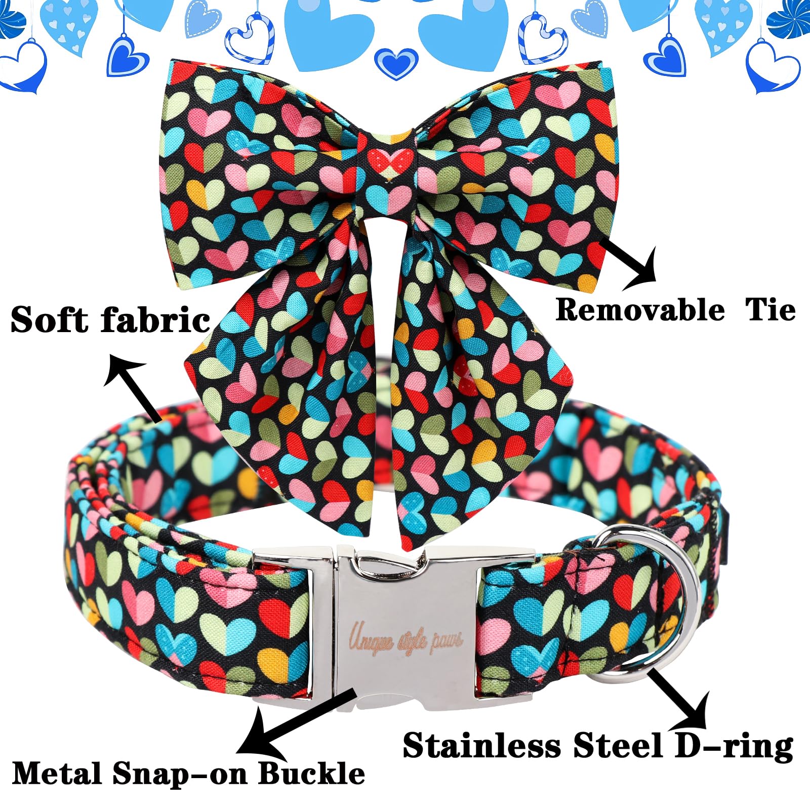 Unique Style Paws Valentine'S Dog Collar With Bow Colorful Heart Love Dog Collars For Small Medium Large Dog New