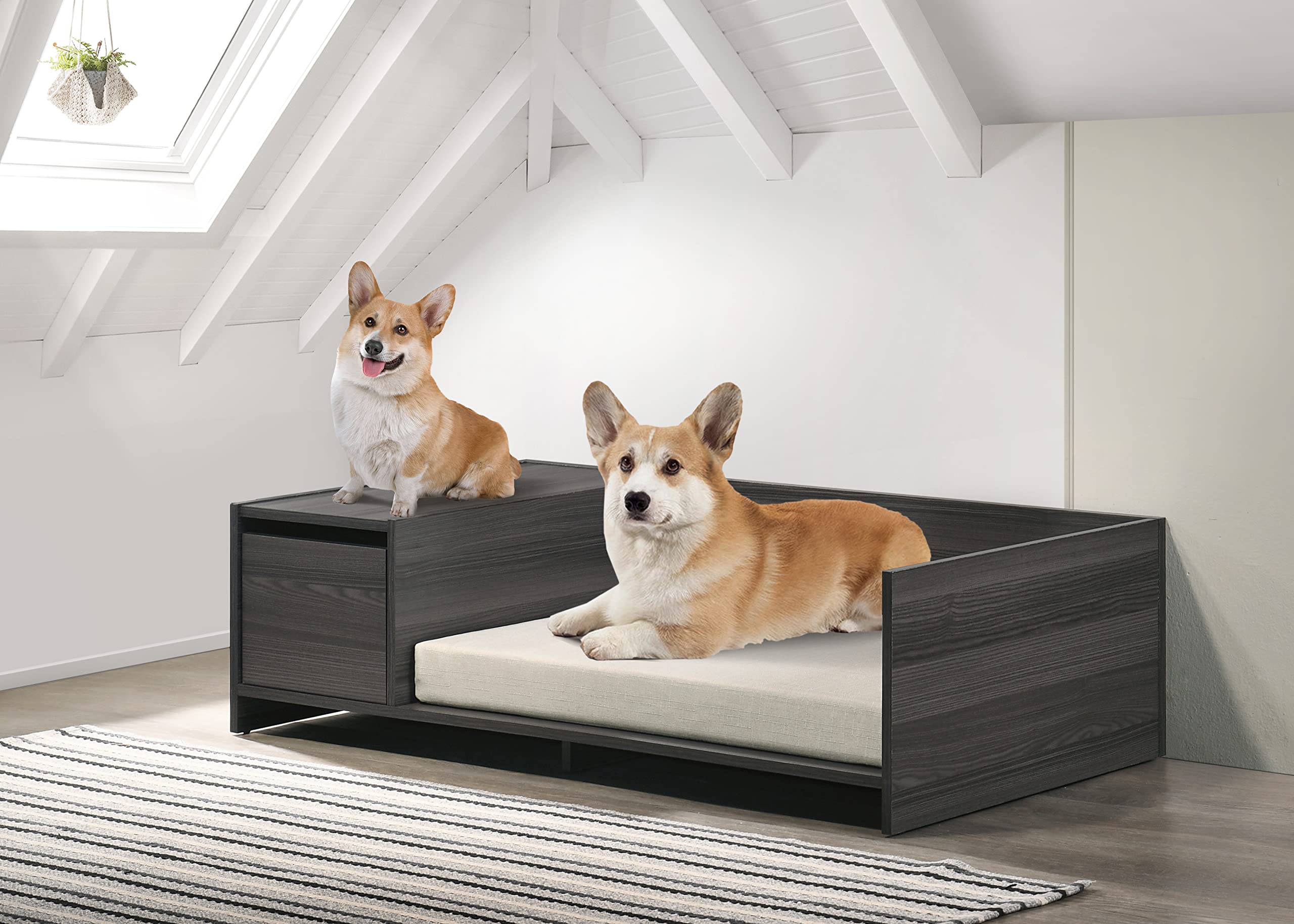 Esme Ash Gray 47&quot; Wide Wood Dog Bed Frame with Cushion and Side Storage Compartment