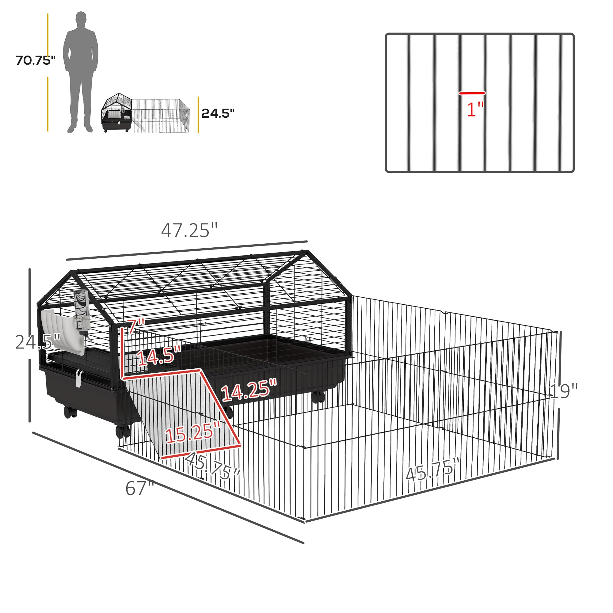 Pawhut Small Animal Cage With Foldable Run Area, Rolling Bunny Cage, Guinea Pig Cage, Hedgehog Cage With Water Bottle, Water Bowl, And Ramps, 46.5'