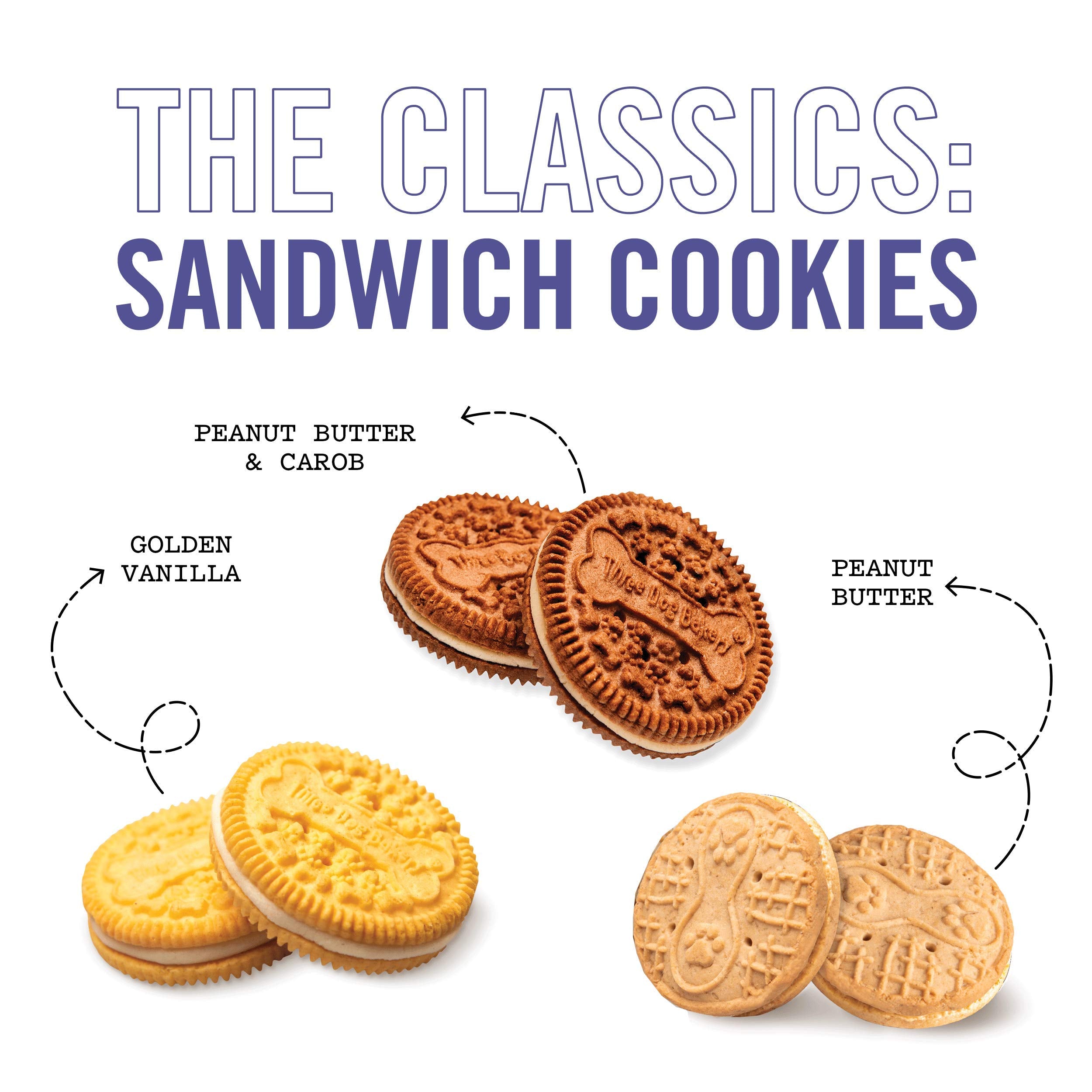 Three Dog Bakery Lickn Crunch! Sandwich Cookies Variety Pack Premium Treats for Dogs, Carob/Peanut Butter, Golden/Vanilla, & Pu