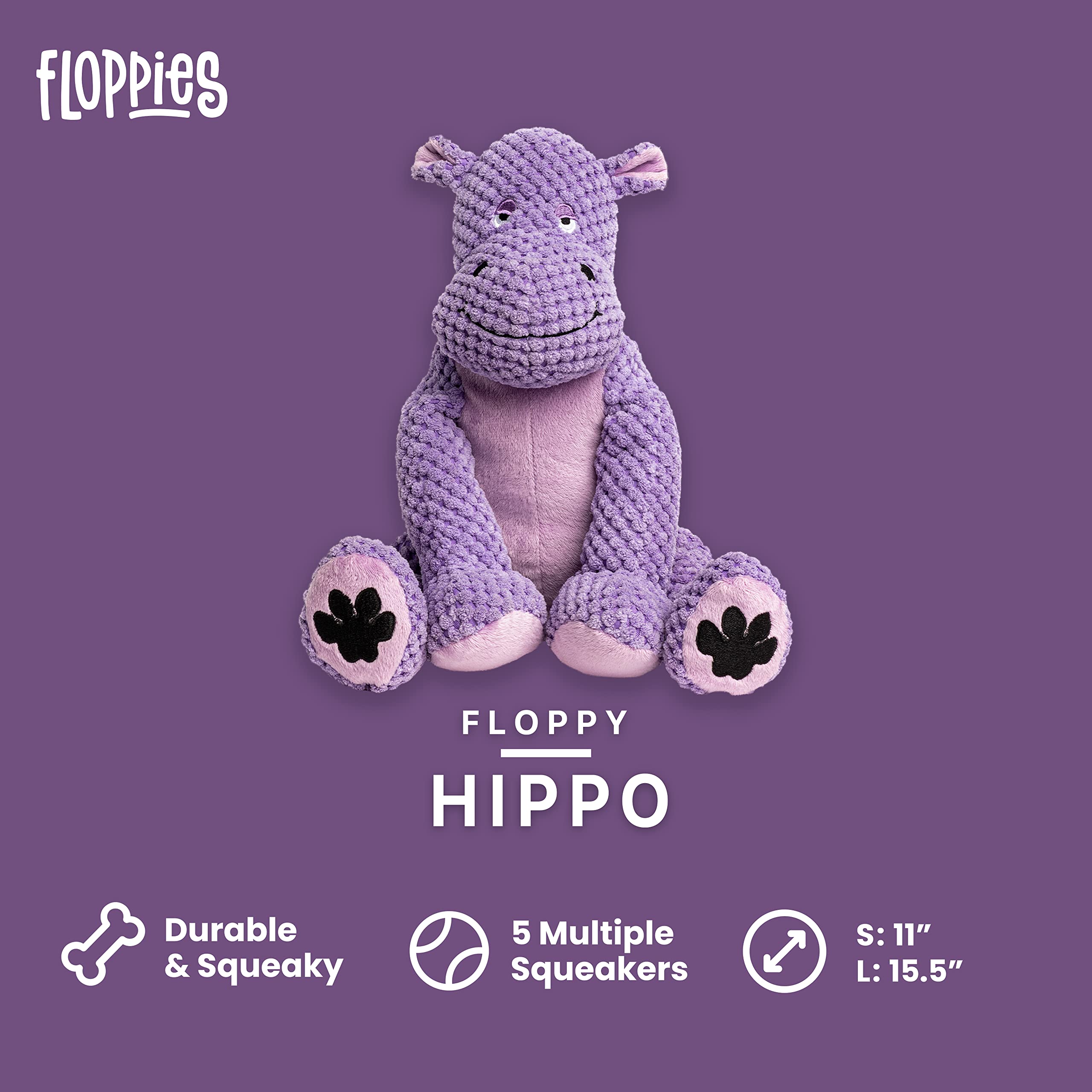 Fabdog Floppies Plush Dog Toy - Cute & Durable Squeaky Dog Toys - Best Squeak Toy For Puppies And All Breeds | Ideal Pet Gift| Large Hippo