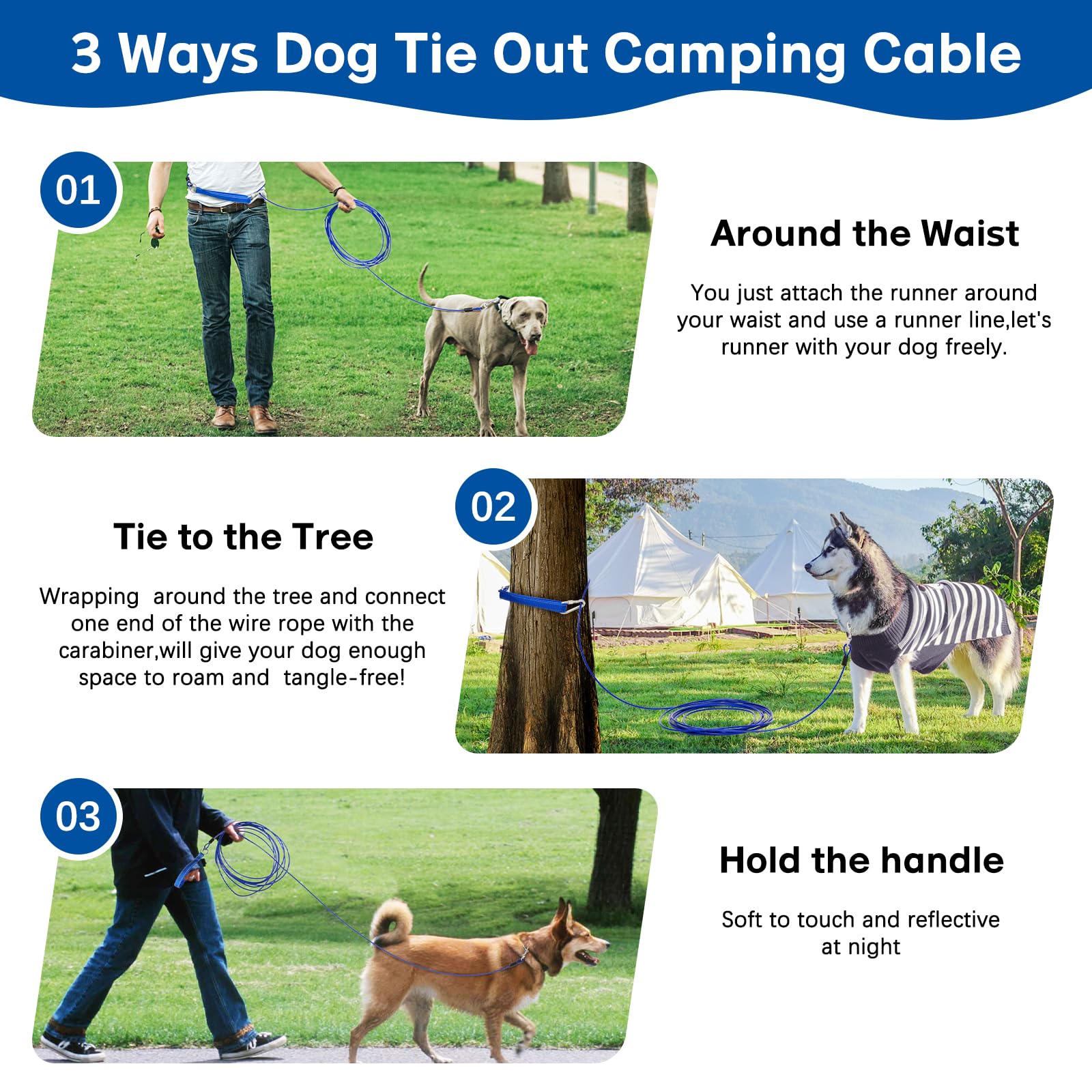 Long Leash Chew Proof, Tie Out Cable For Dogs 10/20/30/50 Ft With Carabiner, Leads For Yard Medium Large Dogs, Padded Handle (Bl