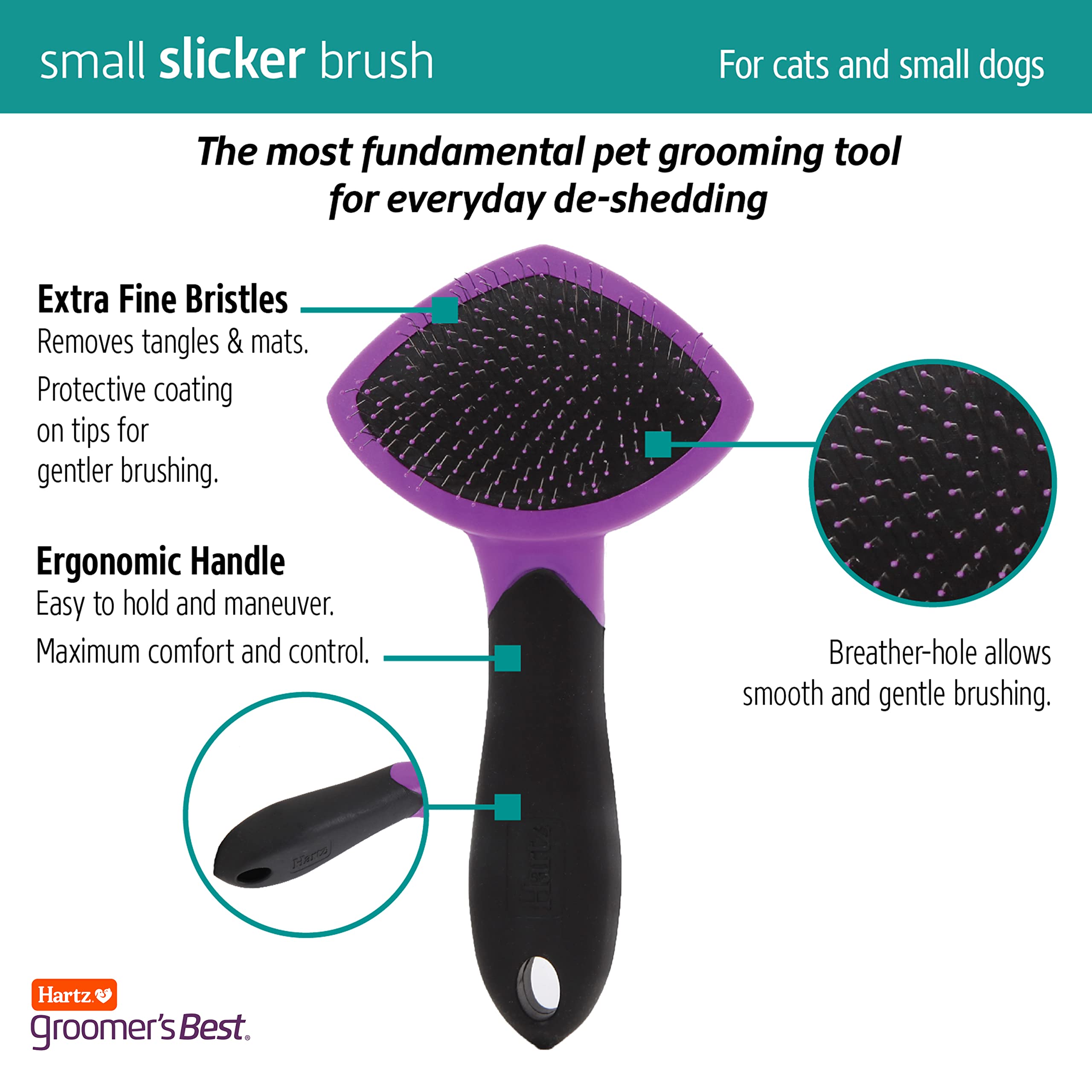 Hartz Groomer's Best Small Slicker Brush for Cats & Small Dogs, 1 Count, Black/Violet - Ideal for Grooming and Removing Loose Fur