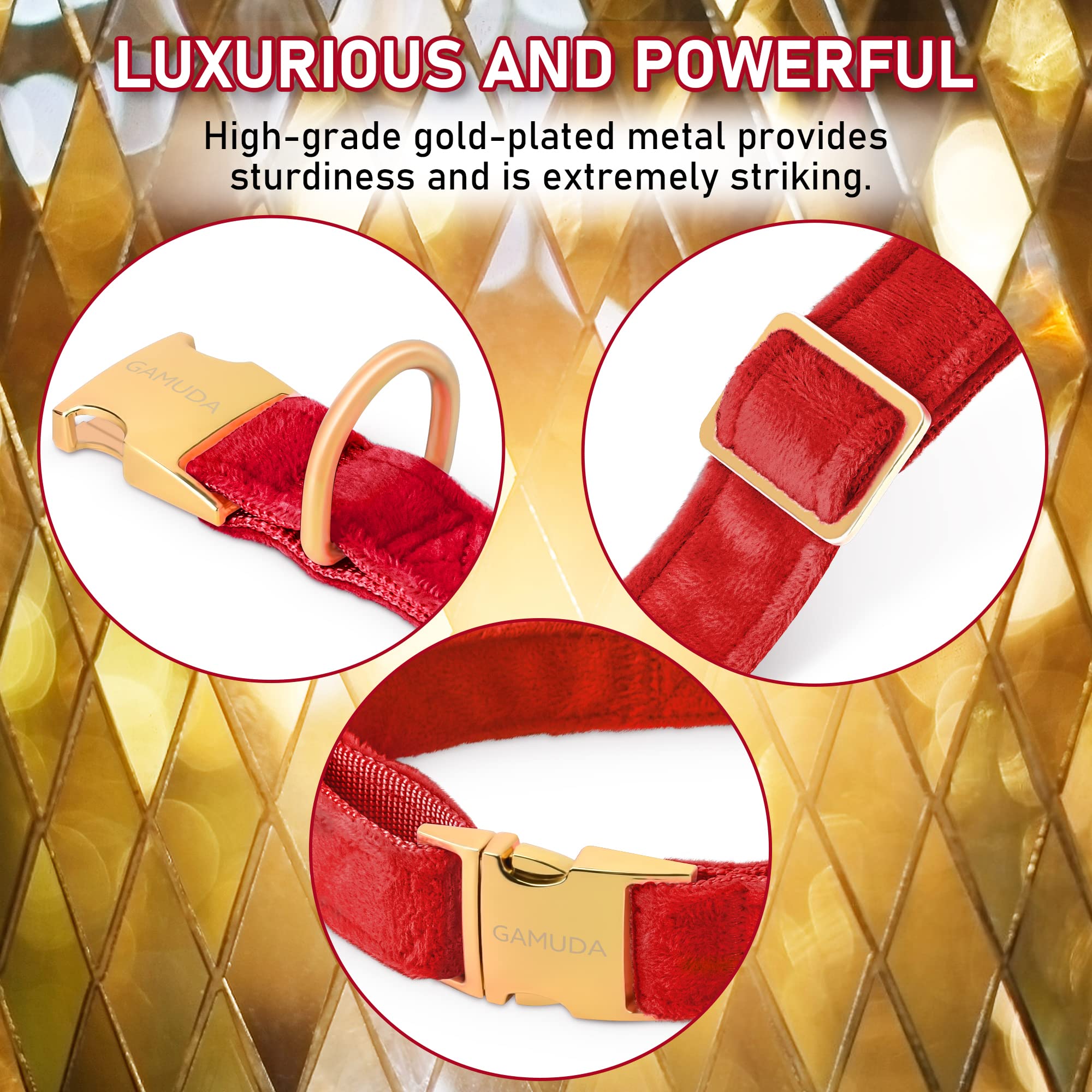 Gamuda Velvet Dog Collar And Leash, Super Soft And Smooth, Heavy Duty Gold Buckle, Comfortable And Easy To Clean, Adjustable Collar For Dog (Xl, Red)