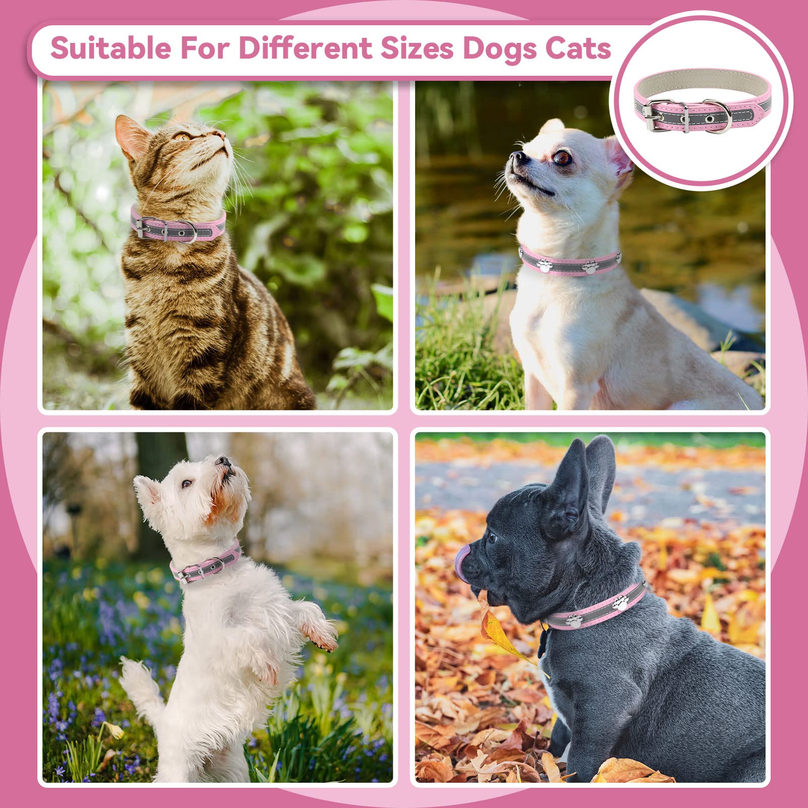 Petcare Reflective Dog Collar With Cute Paw Rivet Studded Funny Soft Pu Leather Adjustable Puppy Dog Collars For Small Medium Large Dogs Cats (Pink,X-Large)