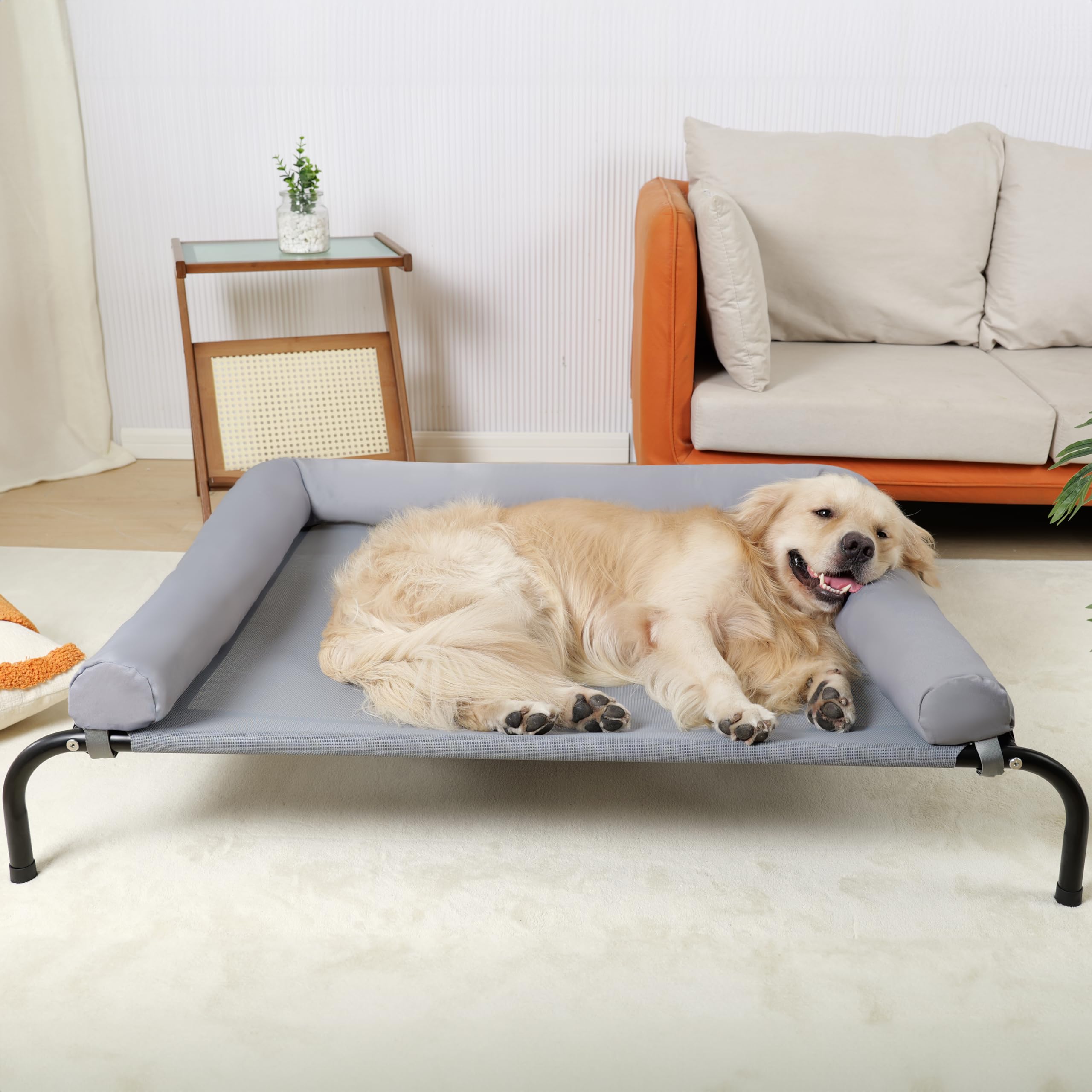 TJSOULER Cooling Elevated Dog Bed with Pillows,Portable Washable Raised Dog Cot with Chew Proof Mesh and Metal Frame,No-Slip Rub